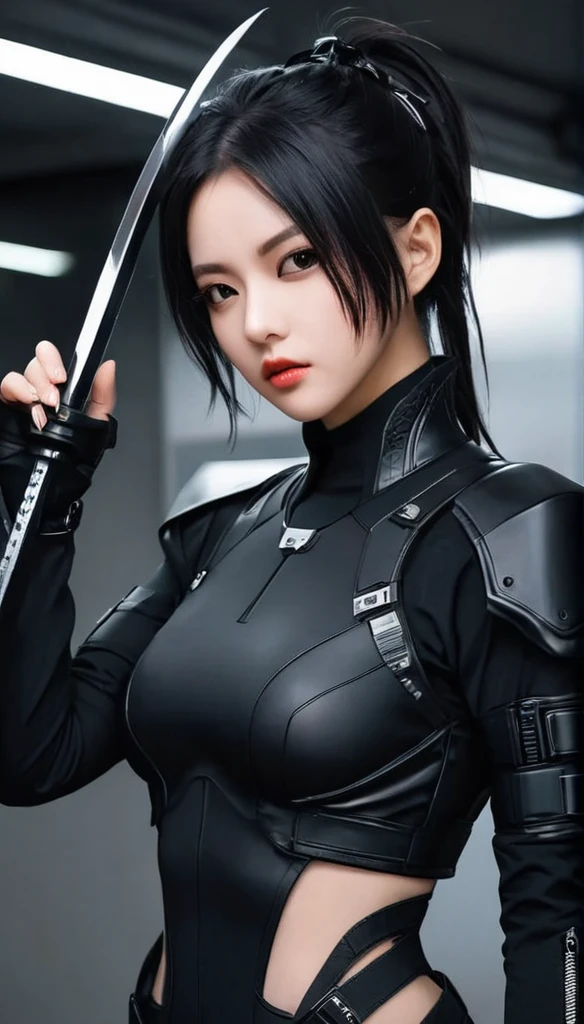 Woman dressed in black with mask and japanese sword katana all black cyberpunk clothes, wearing tech outfit and armor, photo of a woman wearing tech suit, dark sci-fi outfit, cyberpunk costume, female assassin, futuristic tech costume, cyberpunk fashion clothes, jet black hair cyberpunk girl, cyberpunk clothes, cyberpunk costume, tech fashion, in dark space mercenary costume toothpick