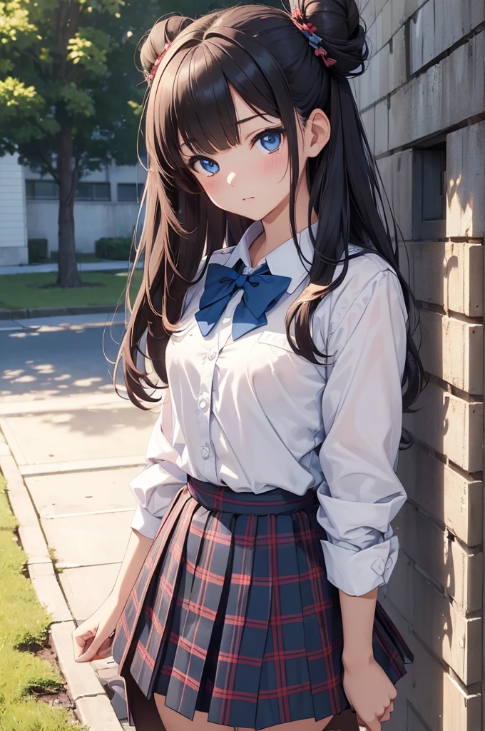 ((Masterpiece)), ((4K)), ((High Resolution)), (Anime), (Girl), (School Girl), (Slender), (Small Breasts), (Young), (Teen), (Long Hair), (Dark Hair), (Hair Buns), (Blue Eyes), (Hair Bow), (Plaid Skirt), (White Blouse), (Outside School)