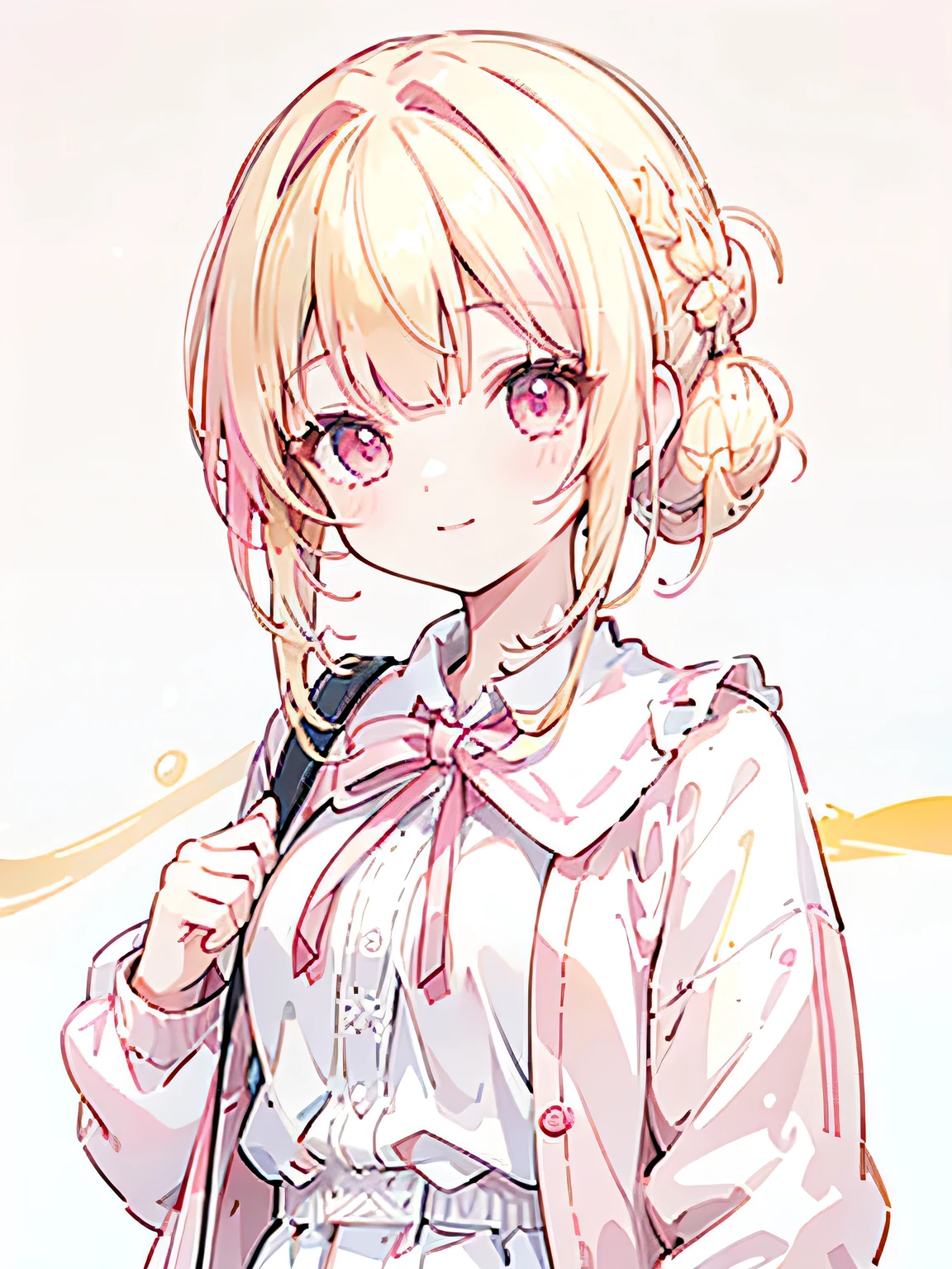 masterpiece , detailed , 1 girl , blonde hair , ( gradient bun hair from pink to blonde:1.2 ) , ( hair bun:1.5 ) , ( blunt bangs:1.1 ) , oversized pink cardigan on white blouse shirts , red ribbon , pink short skirts , ( from front ) , smile expression , ( upper body:1.1 ) , red big dropped eyes , ( simple white background:1.3 )