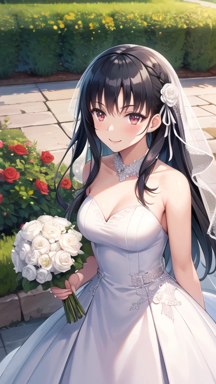 masterpiece, best quality, highres, aasuzune, long hair, black hair, (single braid:1.2), hair ribbon, red eyes, wedding dress, white dress, garden, smile, outdoors, standing, cowboy shot, holding bouquet,