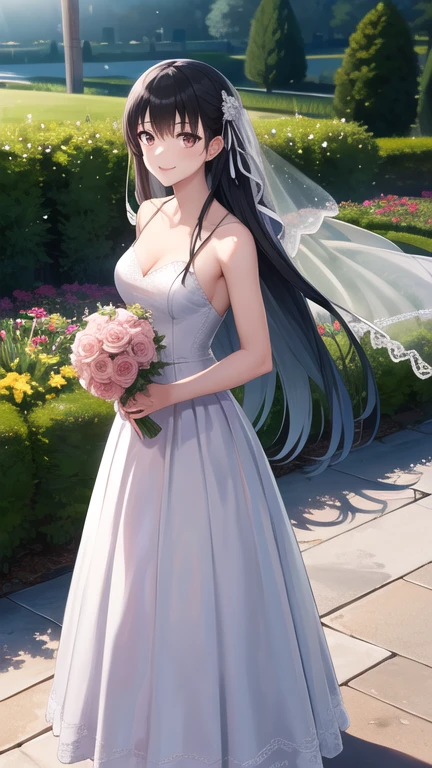 masterpiece, best quality, highres, aasuzune, long hair, black hair, (single braid:1.2), hair ribbon, red eyes, wedding dress, white dress, garden, smile, outdoors, standing, cowboy shot, holding bouquet,