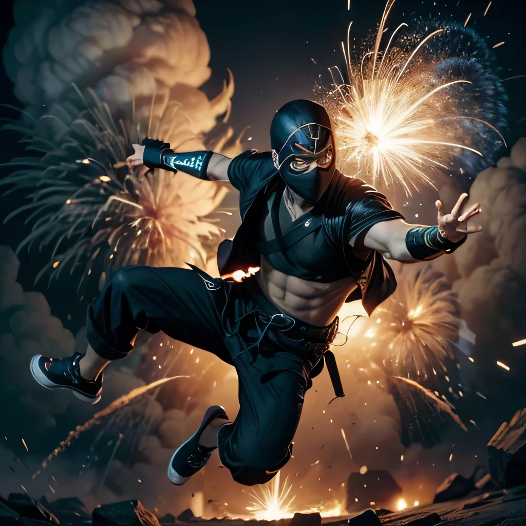 raw photo , 8K, ultra detailed, (realistic:1.2), (1man, ninja, mask:1.3), (jumping:1.4),(explode:1.5),