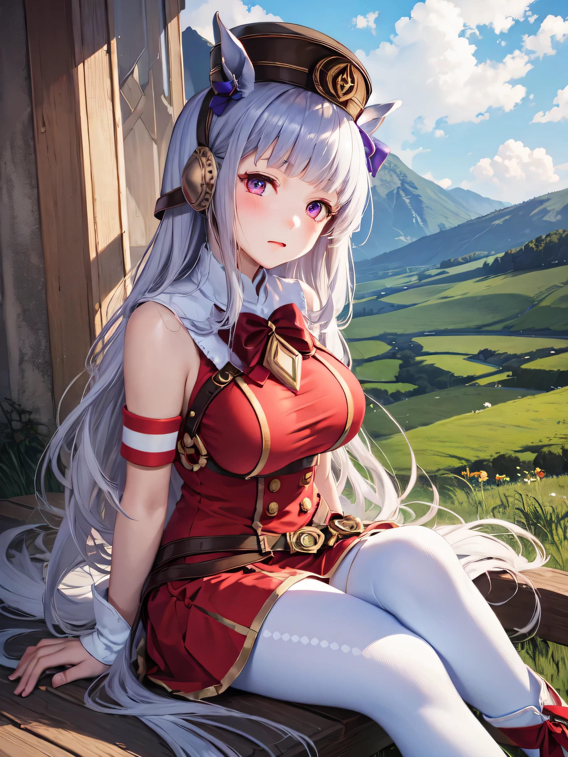 Dark color depiction、(masterpiece, highest quality:1.2), alone, One girl, umpd gold ship, pillbox hat, Red dress,No sleeve, White Pantyhose, boots, Horse tail, blush、grassland、(Huge breasts:1.2)、、ergarteners、、6 yearOL、running