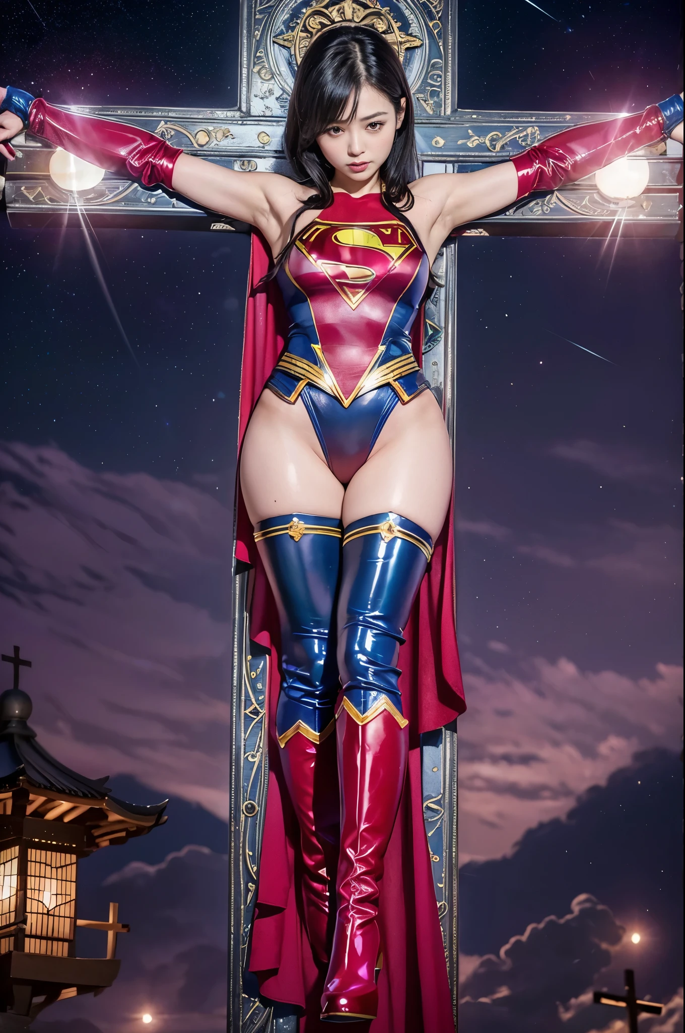 masterpiece,highest quality, 超A high resolution, (Realistic)、RAW Photos,(every time :1.2), (Portraiture), Surreal:1.1, Japanese women, (36 years old), Plump face:1.2, sexy, highest quality, Very detailed,Very accurate, One Woman, ((Wearing a Supergirl costume, Being restrained, An elaborate Supergirl suit)), ((Halter neck, Red mini pleated skirt, Long gloves, Latex Thigh Boots, Stiletto heels, Cape)), (((Shine))), Black-haired:1.3, Short Bob Hair:1.2, Big eyes:1.4, Solid eye makeup:1.5, Big ample breasts:1.1, Detailed eyes:1.5, Looking at the viewer:1.2, Bright full moon,moonlight ,Pink and red interpolated colors、((Anchored on a cross in the center of the full moon))、((Crucifixion))、Big full moon、明るいmoonlight、Nebula Sky、