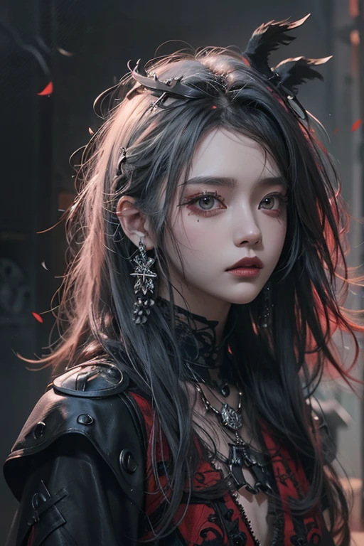 highest quality、8k、masterpiece:1.3、Gothic Punk、The inside color is red、Gray Black Hair、hair ornaments、Beautiful girl、creative、Dark Fantasy Style、Neogoth、Goth Fashion:1.2、High resolution、masterpiece、highest quality、頭w:1.3、((Hasselblad Photos))、Fine skin、Sharp focus、(Cinematic lighting)、Realistic textured hair, Black crow on shoulder