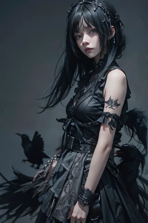 highest quality、8k、masterpiece:1.3、Gothic Punk、The inside color is red、Gray Black Hair、hair ornaments、Beautiful girl、creative、Dark Fantasy Style、Neogoth、Goth Fashion:1.2、High resolution、masterpiece、highest quality、頭w:1.3、((Hasselblad Photos))、Fine skin、Sharp focus、(Cinematic lighting)、Realistic textured hair, Black crow on shoulder