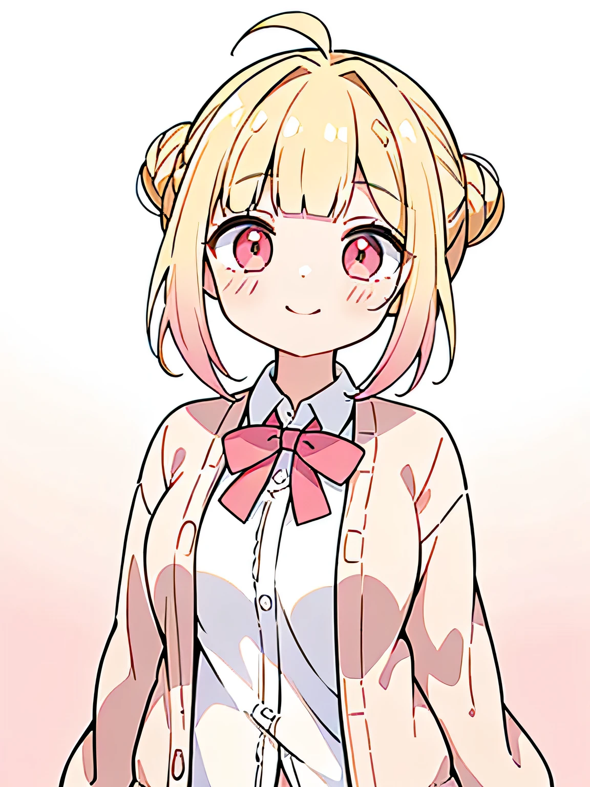 masterpiece , detailed , 1 girl , blonde hair , ( gradient bun hair from pink to blonde:1.2 ) , ( hair bun:1.5 ) , ( blunt bangs:1.1 ) , oversized pink cardigan on white blouse shirts , red ribbon , pink short skirts , ( from front ) , smile expression , ( upper body:1.1 ) , red big dropped eyes , ( simple white background:1.3 )