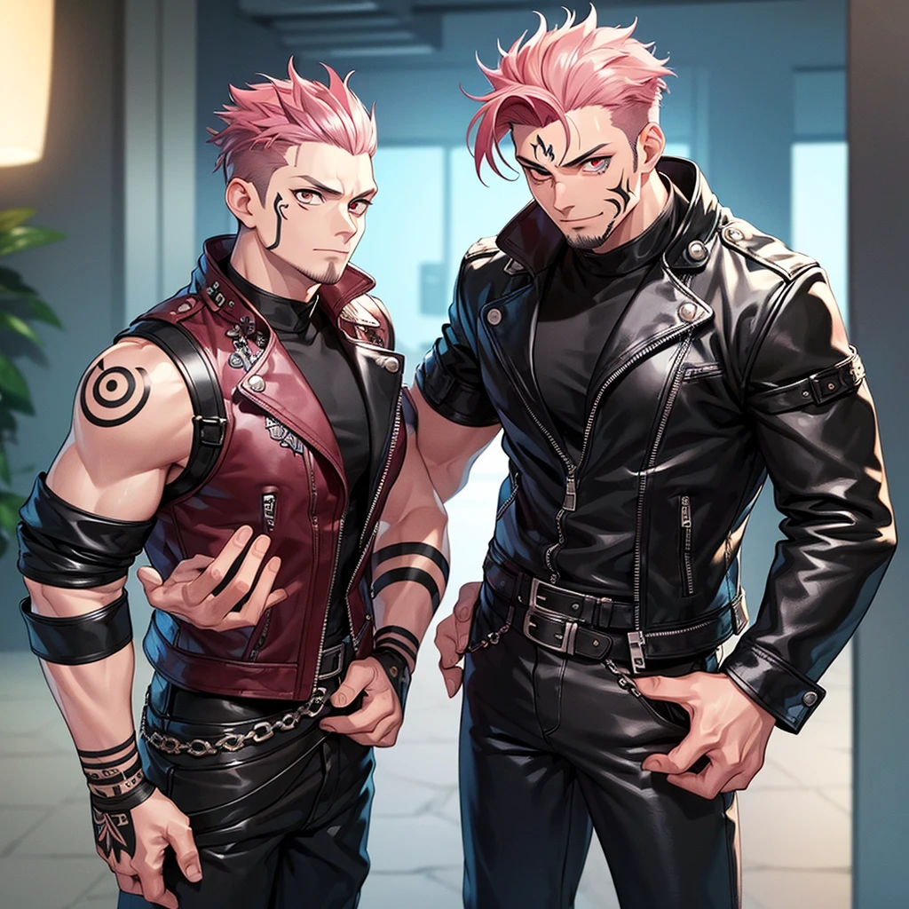 (masterpiece, best quality:1.2), cowboy shot, 1boy, sukuna, leather fingerless gloves, tattoo_on_his_face, manly, full body, biker, pink hair, intricate details, utra detailed, black leather, muscular mature male, eye focus, biker jacket, anatomically correct,