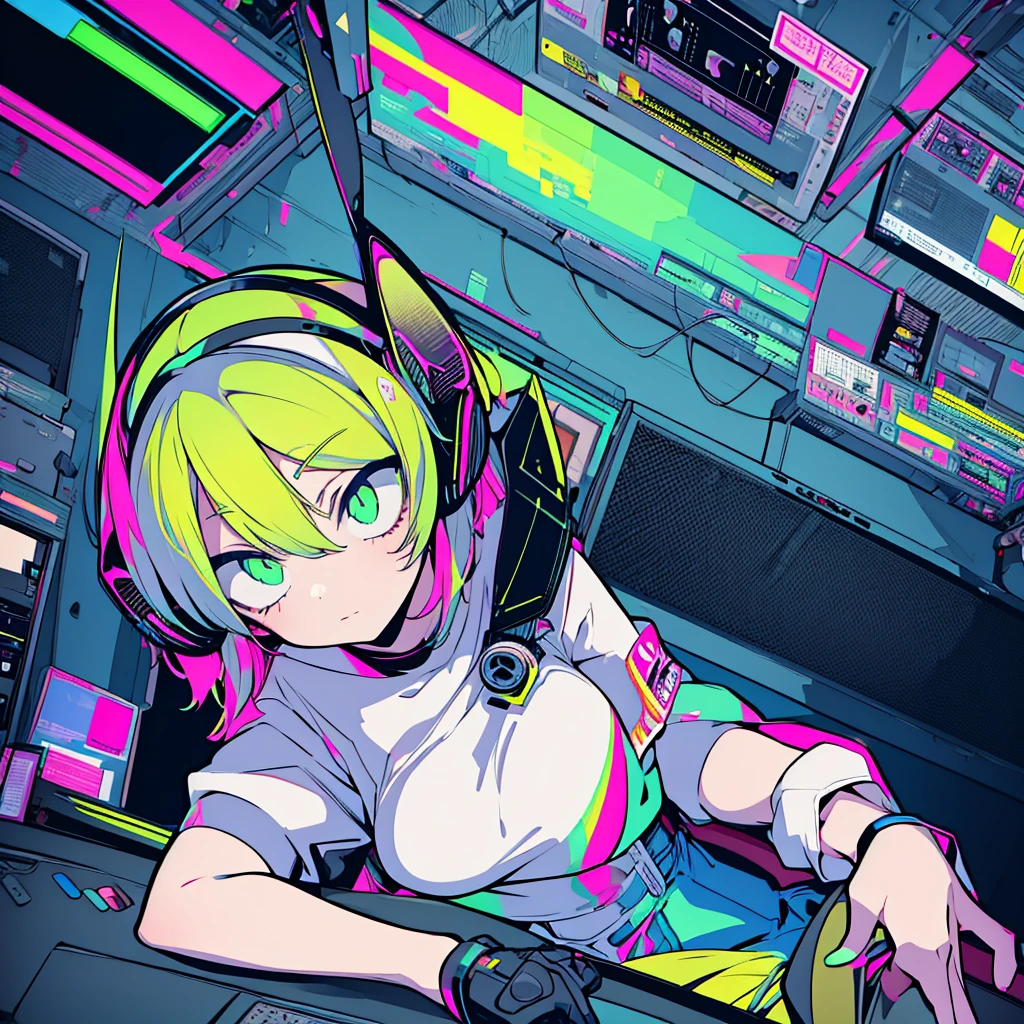 Best quality, (masterpiece:1.2), best detail face,1 girl, big breasts, 18 yo, 8k,absurdres,unity 8k wall paper,(extremely detailed:1.3), highest realistic, (retro headphones:1.1), (soft neon light:1.1), (floating hair:1.2), (psychedelic:1.2), Her room full of music equipment, Leaning back on the chair with a casual attitude, Light clothing in summer, dark yellow color palette
