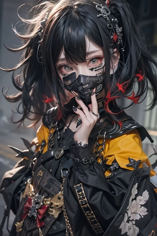 highest quality、8k、masterpiece:1.3、Gothic Punk、The inside color is red、Black-haired、hair ornaments、Beautiful girl、creative、Dark Fantasy Style、Neogoth、Goth Fashion:1.2、Yellow Eyes、I can see the fangs、Tokyo Night Street