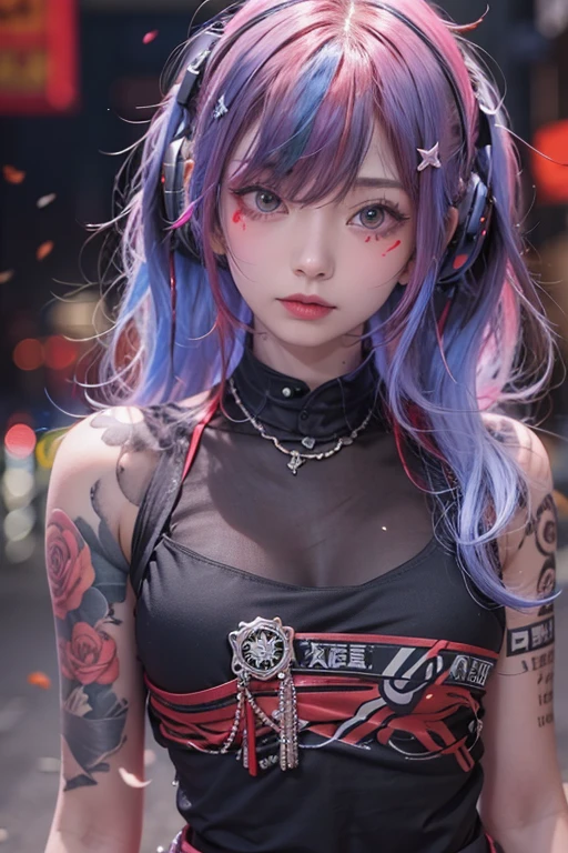 No sleeve、Tattoo、真っred、本当にredい、red、red-haired、corruption、red hairs、Headphones、🎧、Goth_punk, One Girl, alone, Medium Shot, Walking around Harajuku, ((at night)), Bokeh Depth of Field, Neon Light, Rainbow Eyes, Starry Sky, red glowing hair, Black eyebrows, Radiant hair, (iridescent red hair), 耳Nipple Ring, Bans, gem, mask, 鈍い前hair, Veld's Eye, 口mask, Blurred背景, Blurred, hair adornments, Look at the viewers, shorth hair, Portraiture, Side Lock、Goth、(Tabletop), (Portraiture), (beautiful), (beautiful), (Upper blood), (high quality), (beautiful衣服), (Professional Perspective), (Rule of thirds), (feminine), (woman), (woman), (beautiful),(feminine features), (Age 25), alone, woman1名, (Charming punk girl), Winters, Dramatic Light, ((I'm playing the guitar)), (Are standing), it isdgy makeup, (Small Bust), ((Electric guitar)), (Front Face), (Resistance的な表情), ((Resistance)), (レザージャケットとTattoo), ((Short hair)), (dyed (it is.G. and pink) hair), (spiky hair), (Thick hair), Matte shine hair, (Hair bands scattered in the hair), (Green eyes), (A bold and daring look), (Pale skin), (Dark clothing), (Band T-shirts), (Ripped jeans), (-), Crew neck), ((Urban alley background)), (Close-up shot), beautiful hands, both hands, Normal hand, Two Arms, Complete Hand, beautiful body, beautiful fingers, Normal finger, Five Fingers, Five Fingers, (Thumb Index Finger Ring Finger), beautiful ears, Normal ear, beautiful eyes, Shining Eyes, beautiful mouth, beautiful lips,