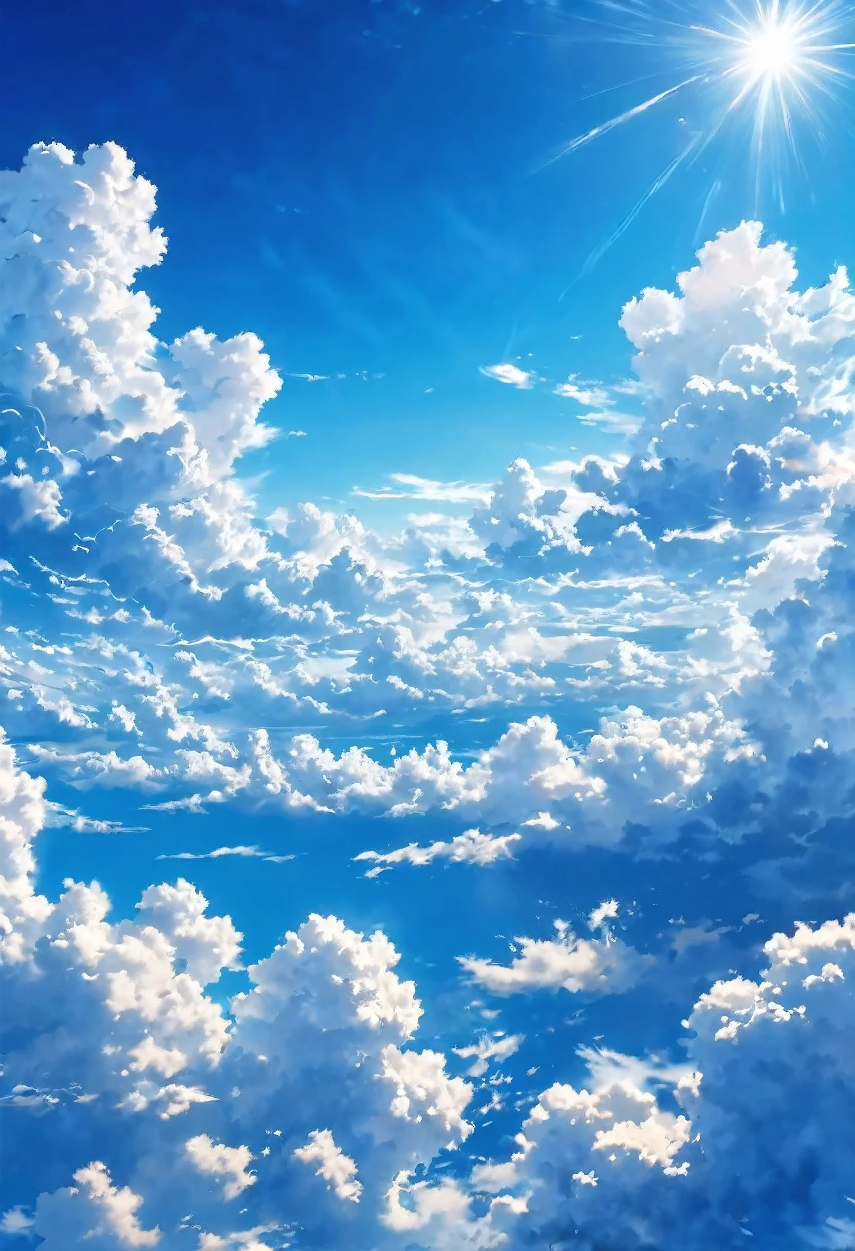 A vibrant anime-style brilliant blue sky filled with fluffy, sunlit clouds., many clouds, blue sky, sharp photos, no sun in the photos, sky only, white clouds, fluffy clouds, in the sky, ultra HD