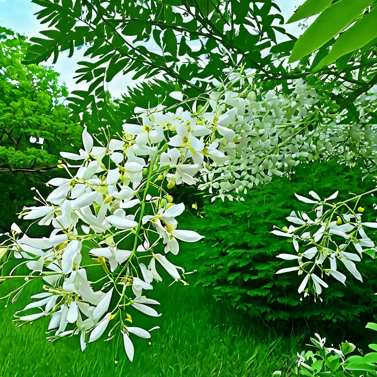 Acacia tree,Also called"black locust",The flowers are erfly corollas,It is clustered when blooming,Climbing into spikes,Overlapping overhangs,The florets are often wrinkled and curled,The petals are scatd,The whole one is calyx bell-shaped,Five petals,Delicate and delicate,The flowers appear pale yellow or white,The petals are soft and delicate,It's like a thin veil,Gently float in the air,Calyx bell-shaped,Five petals,Delicate and delicate,The smell is fragrant