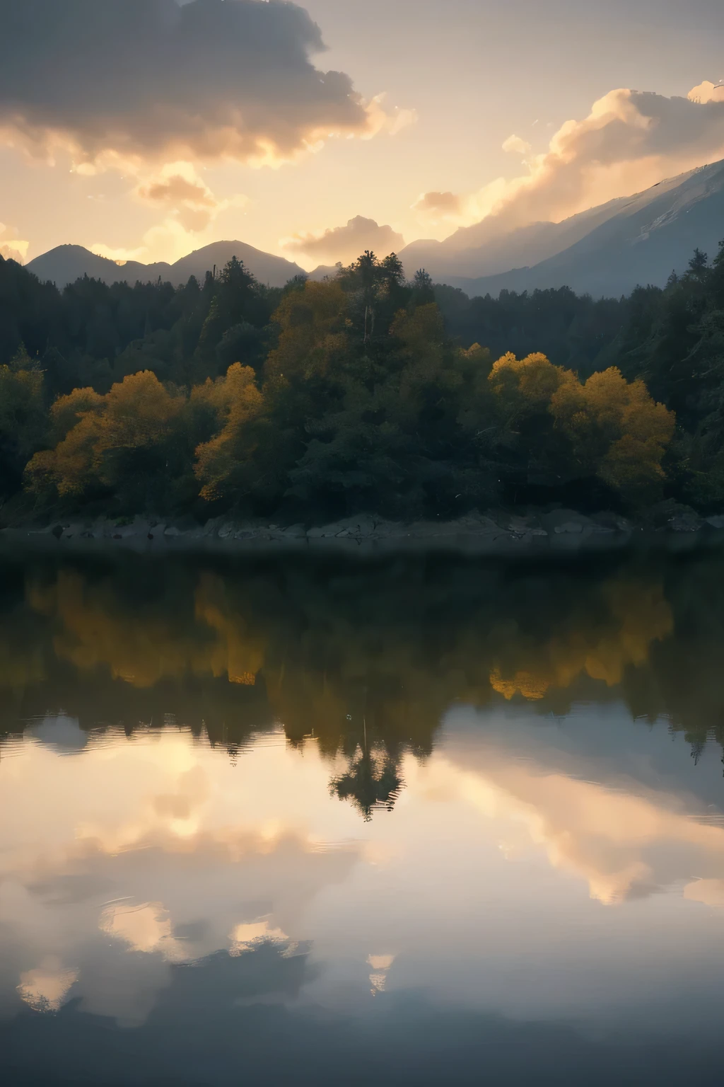 viewpoint of person floating in amber colored water in the middle of a lake looking towards the sky, golden hour sky with clouds, peaceful, zen atmosphere, distant pacific northwestern trees, highly detailed, ultra-realistic, 8k, photorealistic, cinematic lighting, dramatic lighting, volumetric lighting, atmospheric perspective, depth of field, intricate details, masterpiece, digital painting, vibrant colors, warm tones, soft lighting, natural lighting, serene, tranquil, contemplative