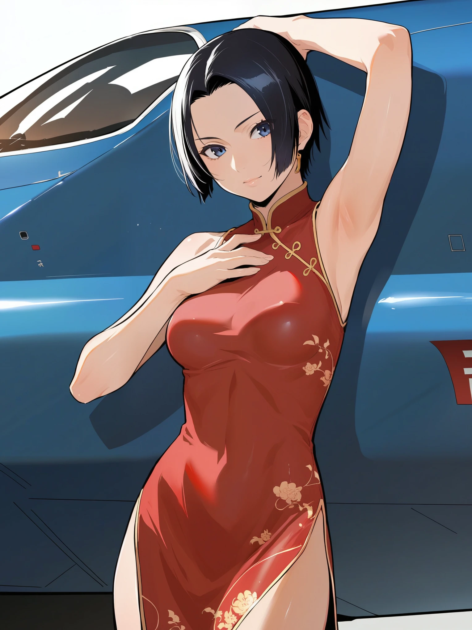 score_9, score_8_up, source_anime, solo, 1girl, tomboy, dress, boa hancock, lole, young, ((aged down)), ikuchan, black hair, jet black hair, oriental, Chinese dress, short dress, short hair