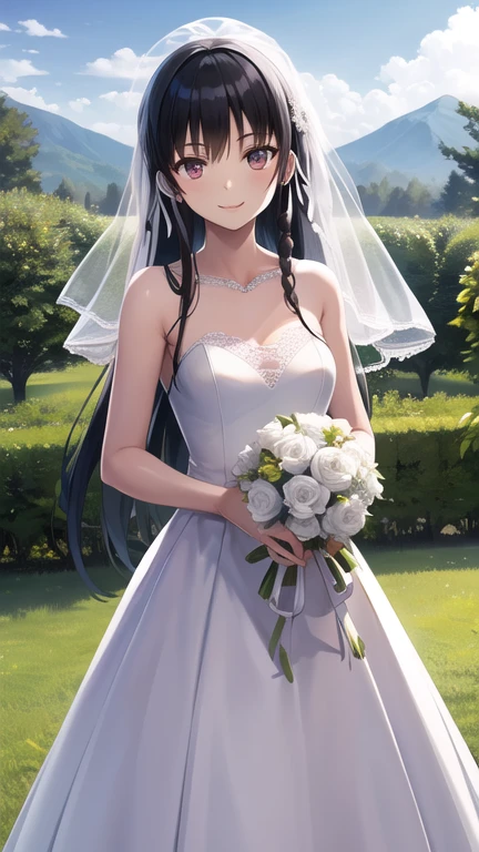 masterpiece, best quality, highres, Horikita Suzune, long hair, black hair, (single braid:1.2), hair ribbon, red eyes, wedding dress, white dress, garden, smile, outdoors, standing, cowboy shot, holding bouquet,