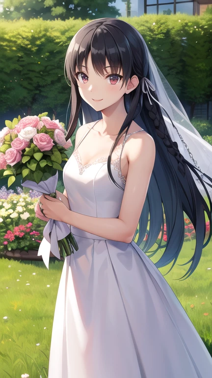 masterpiece, best quality, highres, Horikita Suzune, long hair, black hair, (single braid:1.2), hair ribbon, red eyes, wedding dress, white dress, garden, smile, outdoors, standing, cowboy shot, holding bouquet,