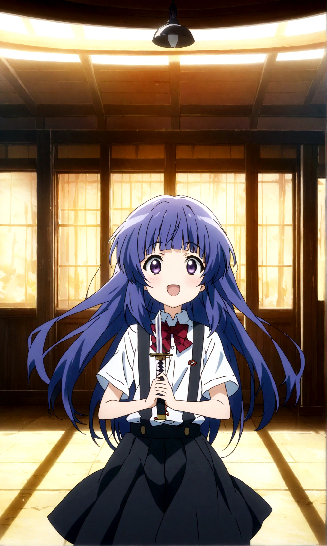 score_9,score_8, score_8_up, BREAK  facing viewer,1girl, solo, furude rika, (tween), kawaii, blue hair, purple eyes, long hair, blunt bangs, bangs,, bow, skirt, shirt, suspenders, smile, short sleeves, pleated skirt, white shirt, open mouth, :d, red bow, ,^_^, suspender skirt, , black skirt, collared shirt, blush, bowtie, blunt bangs, dress shirt,masterpiece, best quality, source_anime,ceiling, ceiling light, great lighting, detailed shadows, detailed body, anime artwork,anime style, key visual, vibrant, studio anime, highly detailed, anime coloring,,fullbody,,weapon, katana, holding sword, ready to draw, sheathed, unsheathing, scabbard,,simple background, white background.