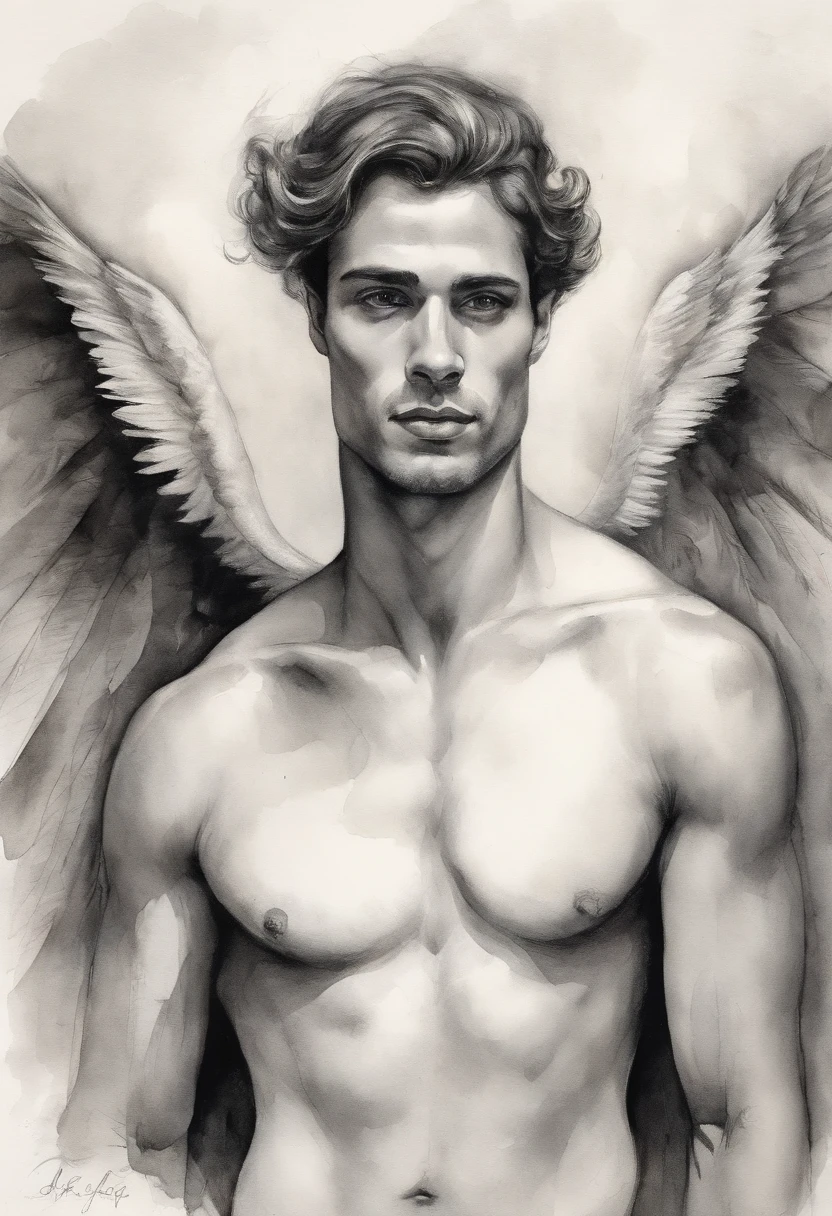 A zoomed in view of a handsome and sexy young man with angel wings , capturado em cores , his eyes looking directly at the viewer with an intense expression, his features etched with a sense of mystery and allure, cercado por tufos de neblina, adding an ethereal touch, Escultura, Homen sexy Bonito atletico beleza italiana angelical com asas e plumas . Aquarela tinta pintura. Textura de tintas aquarela pingos e respingos de tinta. Corpo inteiro nu pelado, penis wake. Male sexy nude