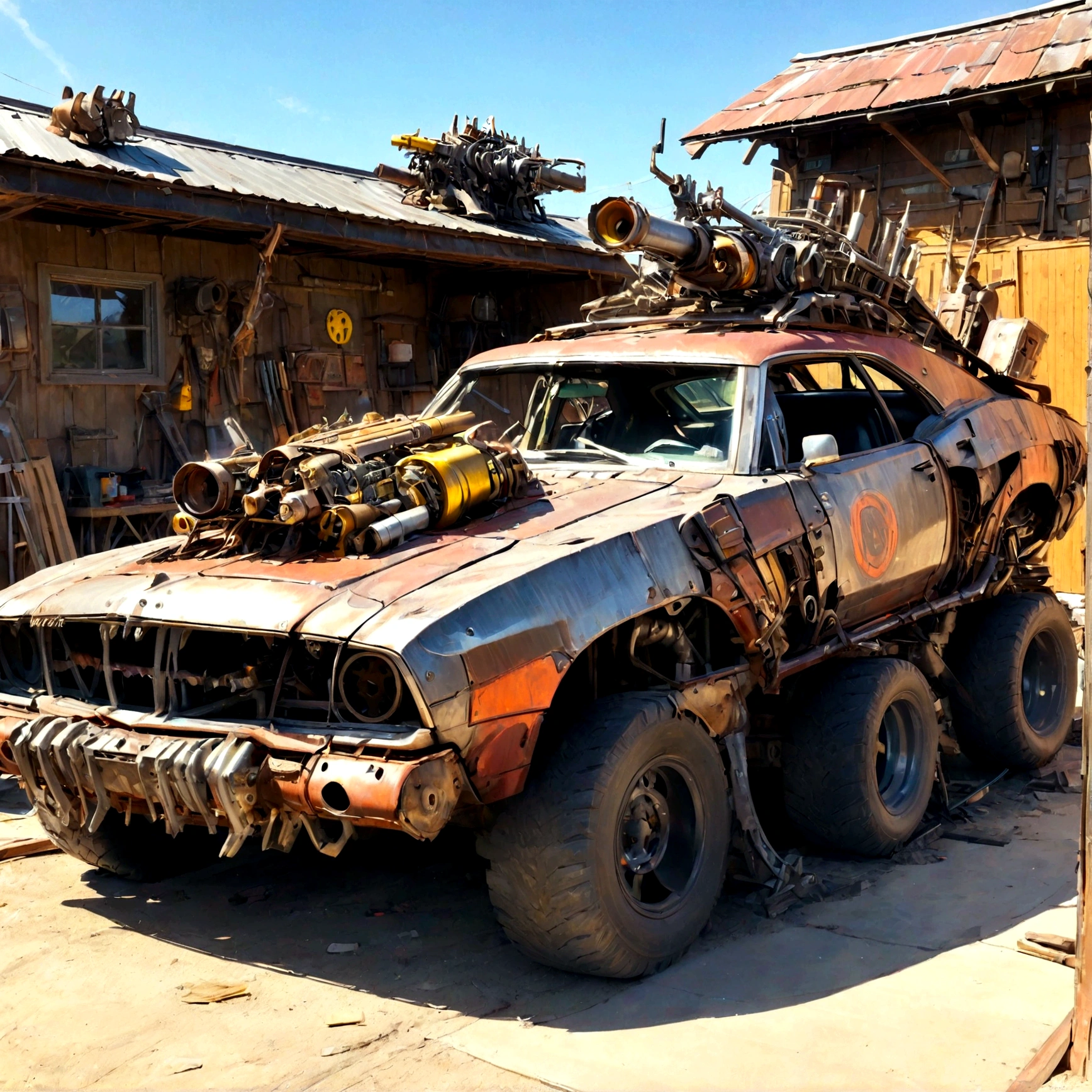 a dodge charger made of scrap metal with a buzz saw launcher on the roof