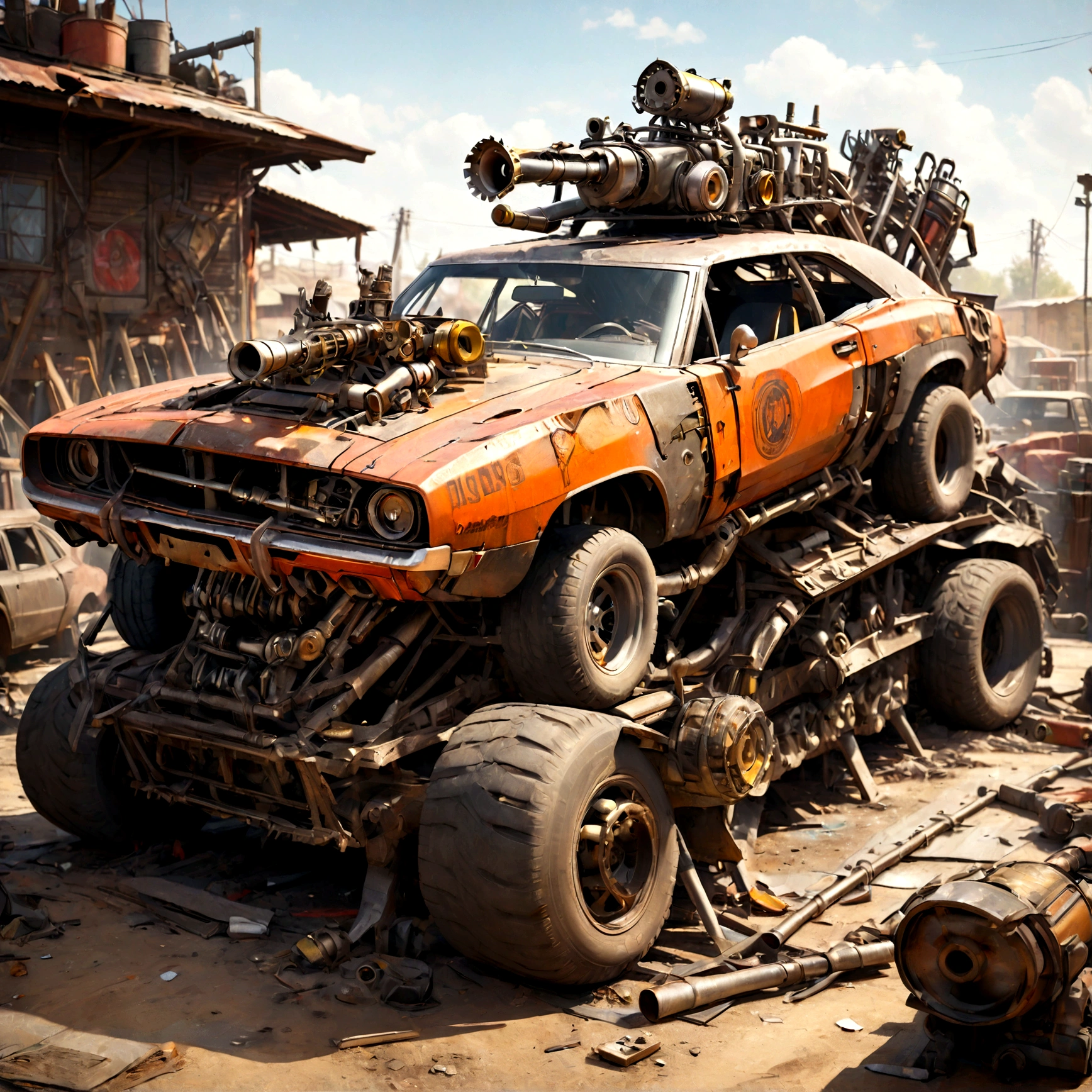 a dodge charger made of scrap metal with a buzz saw launcher on the roof