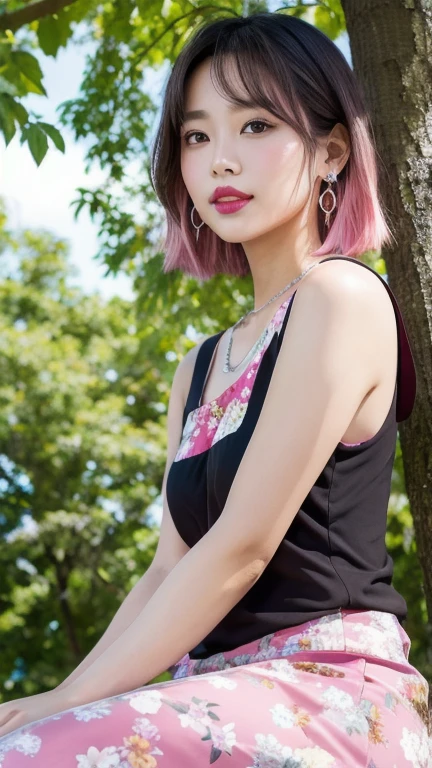 (8k, Photorealistic, Raw photo, Highest quality: 1.4),Japanese idol style1Beautiful girl of the person,18-year-old,(Short bob hair,(silver :1.4)),She has her hair tucked behind her ears,She has small earrings in her ears,Big, clear grey eyes,Long eyelashes,Plump Cheeks,(She is applying lipstick,(Pink :1.4)),Apply gloss over your lipstick for glossy, plump lips,Smiling,A short pendant is hanging around her neck.,両手の爪に淡いPinkのマニキュアを塗っている,Both toenails have red nail polish,(She is wearing a sleeveless floral dress,(Dark colored base :1.4),(Long length :1.2)),barefoot,Standing on the grass under a tree in the park,((Angle from below :1.4),Full body portrait)