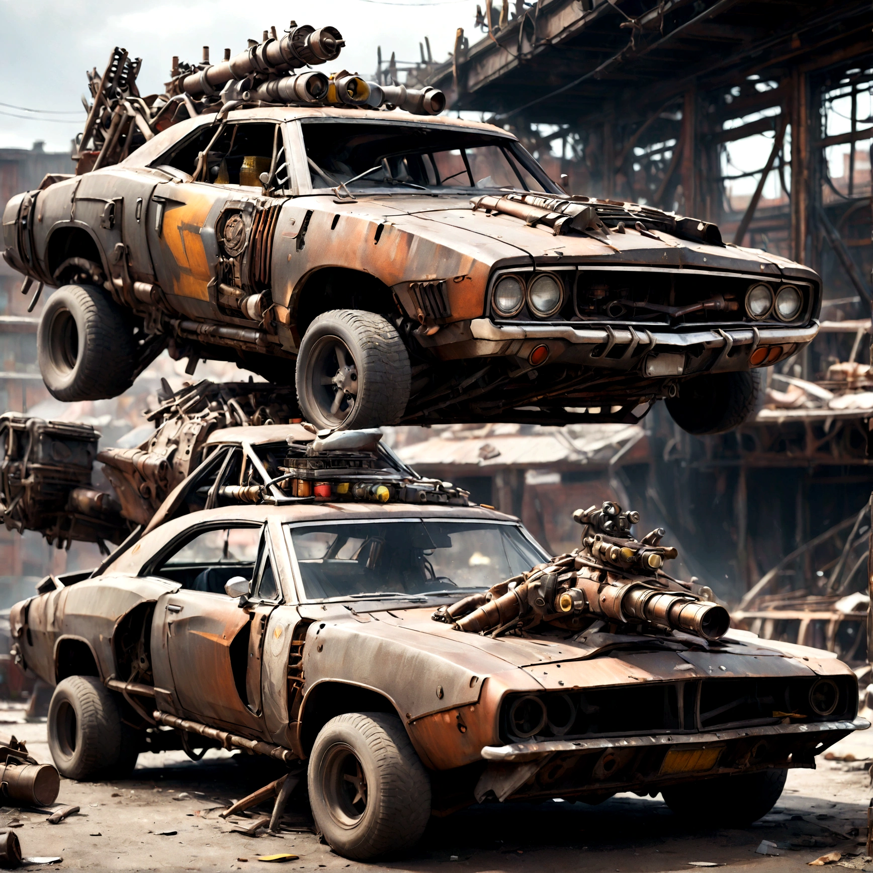 a dodge charger made of scrap metal, buzz saw launcher on the roof, post-apocalyptic, rusty, detailed grungy texture, weathered, worn, battle-damaged, dramatic lighting, cinematic, dystopian, muted colors, gritty, realistic, 8k, high quality, detailed description