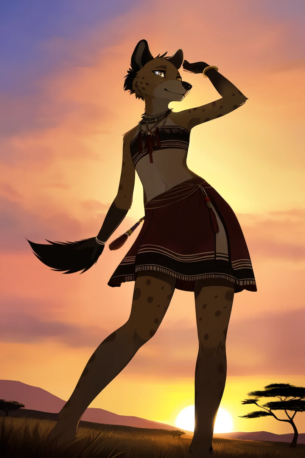 Solo, female, standing, hyena, (detailed snout), tribal outfit, (detailed accessories), dancing, Savanna, (detailed wildlife in the background), (cinematic lighting), (sunset), ((half body shadow)), (low-angle view), (three-quarter view), [backlighting], [detailed ambient light], [ambient light on the fur], [realistic proportions], [exotic atmosphere], (questionable content), (shaded), (hi res), ((masterpiece)), intense gaze, waist-high grass, extended leg movements.