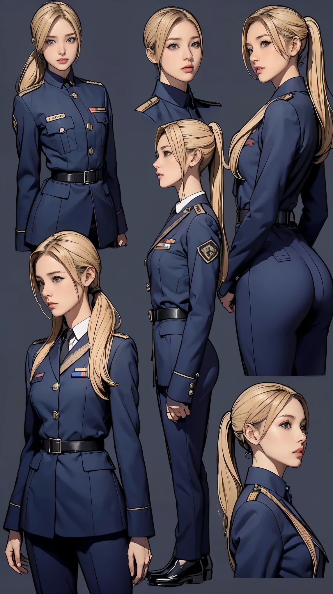 ((masterpiece)),(((highest quality))),((Reference Sheet, Character Design, front, return, ~ ~ ~ side, Mr...々Hairstyle, Mr...々performance, Facial Expressions)), -yeld gi Cute type, (Very slim:1.4), (Very small ass:1.4), Realistic buttocks, Mid-chest, Blonde ponytail:1.2,Thin thighs, Long legs, It's not a big deal,(A female Earth Federation officer is walking), (Wearing Earth Federation military uniform, White and dark grey uniform),(Worn by federal government employees'White Hat:1.5)