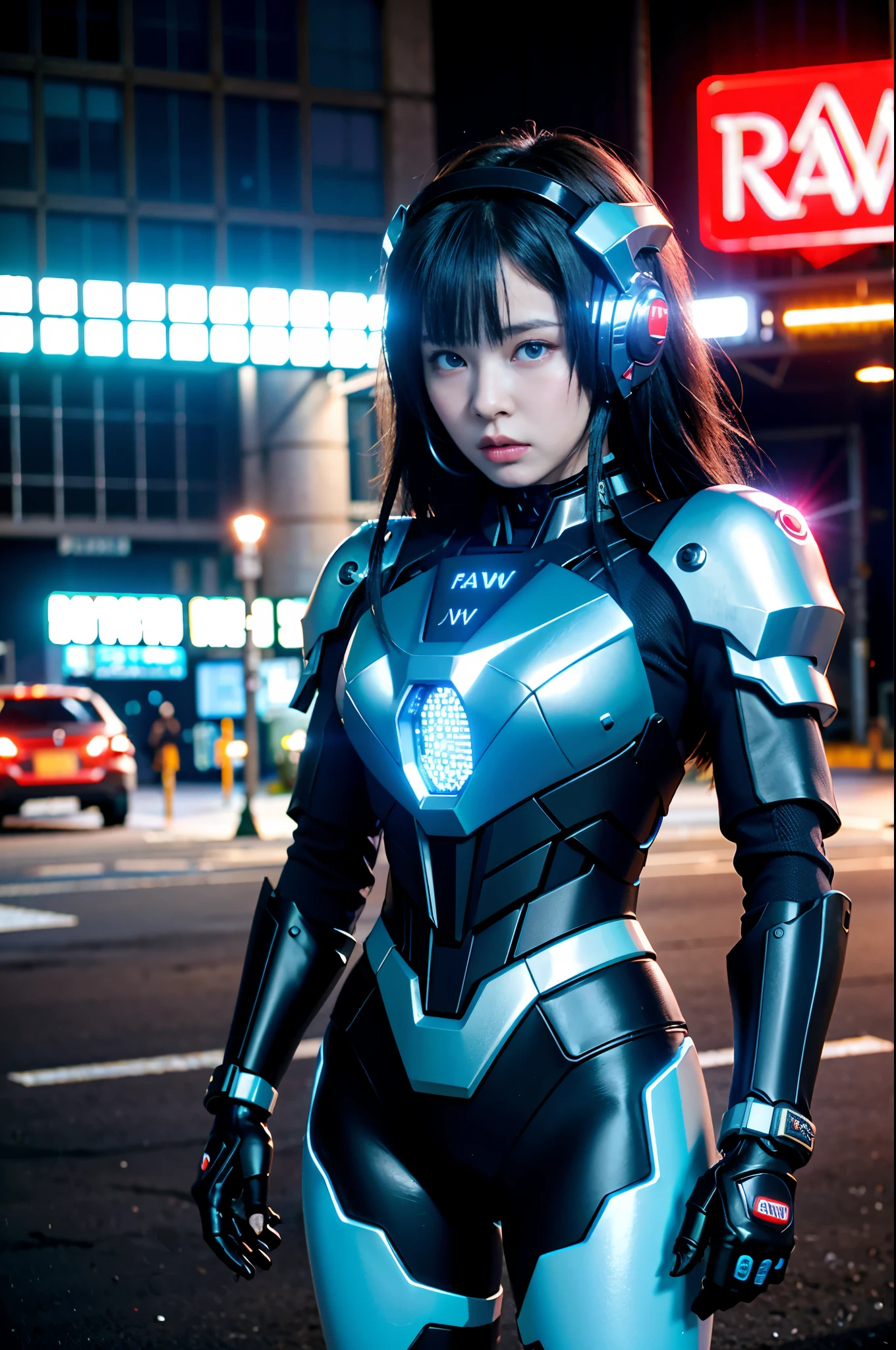 (RAW quality:1.4), Wide-angle shot, 1 female, Mecha, Sparkling blue eyes, , Japanese, Very cute face, (Realistic:1.37), /imagine prompt: cyberpunk, police girl, armor, futuristic, neon lights, high-tech, edgy, sleek, dynamic pose, urban backdrop, reflections, metal textures, glowing visor, powerful stance, sci-fi, dramatic shadows, intense colors, high contrast, street style, badass, fierce, stylish, beauty, cybernetic enhancements 