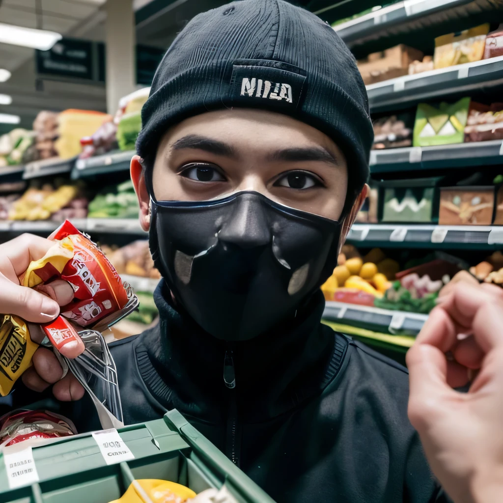 raw photo , 8K, ultra detailed, (realistic:1.2), (1man, ninja, mask:1.3), (grocery_store:1.4)