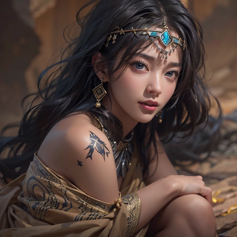 Hiding in the desert、Hair flow、 ((highest quality、masterpiece、8k、Best image quality、Ultra-high resolution、Award-winning works)、(Accurate anatomy:1.1)、(Look at me and smile:1.1)、Shining fair skin with Ultra-high resolution、The most detailed face、Ultra-high resolution detailed face、Ultra-high resolutionの髪の毛、(Ultra-high resolutionの煌めく瞳:1.1)、Beautiful face drawn in every detail、(Blurred Background:1.1)、Ancient Islamic clothing, Chest to chest, tattoo, Old ruins in the background、Sitting black panther