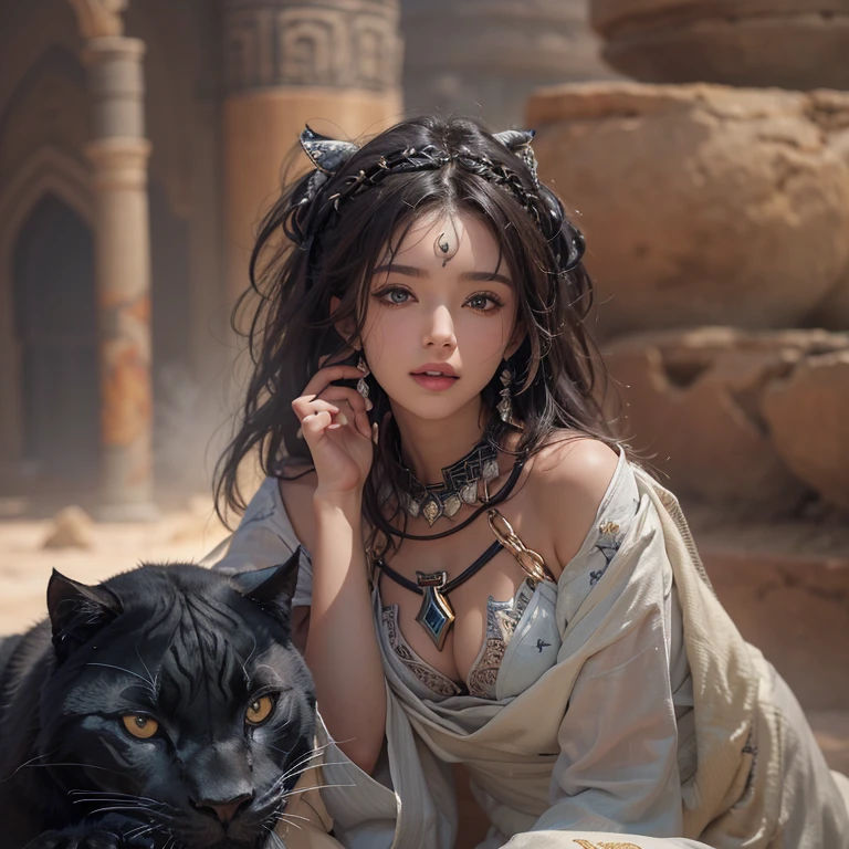 Hiding in the desert、Hair flow、 ((highest quality、masterpiece、8k、Best image quality、Ultra-high resolution、Award-winning works)、(Accurate anatomy:1.1)、(Look at me and smile:1.1)、Shining fair skin with Ultra-high resolution、The most detailed face、Ultra-high resolution detailed face、Ultra-high resolutionの髪の毛、(Ultra-high resolutionの煌めく瞳:1.1)、Beautiful face drawn in every detail、(Blurred Background:1.1)、Ancient Islamic clothing, Chest to chest, tattoo, Old ruins in the background、Sitting black panther