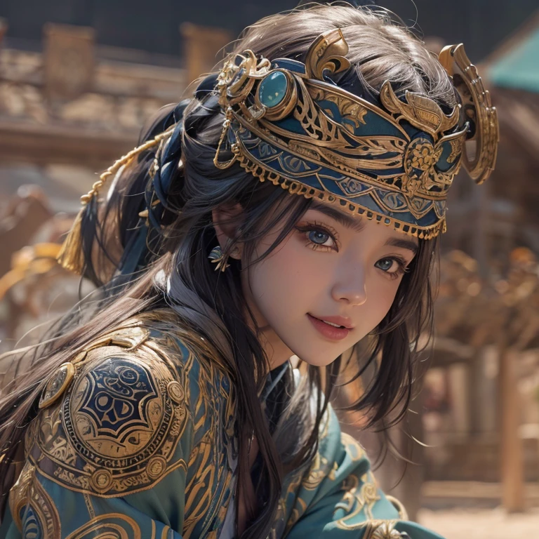 Hiding in the desert、Hair flow、 ((highest quality、masterpiece、8k、Best image quality、Ultra-high resolution、Award-winning works)、(Accurate anatomy:1.1)、(Look at me and smile:1.1)、Shining fair skin with Ultra-high resolution、The most detailed face、Ultra-high resolution detailed face、Ultra-high resolutionの髪の毛、(Ultra-high resolutionの煌めく瞳:1.1)、Beautiful face drawn in every detail、(Blurred Background:1.1)、Ancient Islamic clothing, Chest to chest, tattoo, Old ruins in the background、Sitting black panther