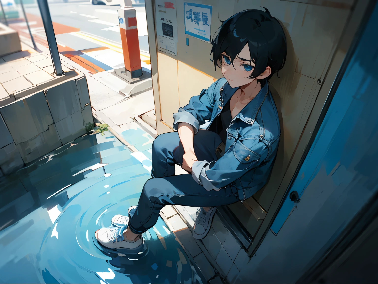 Anime, Demon's Bride style, 4K high quality, a man with short black hair, blue eyes, blue denim jacket, white sneakers, dripping with water, leaning on a wall outside of a convenience store, a street in Shanghai, background, hazy and nostalgic lighting. Summer afternoon. High angle, looking down at him from above. Close-up shot.