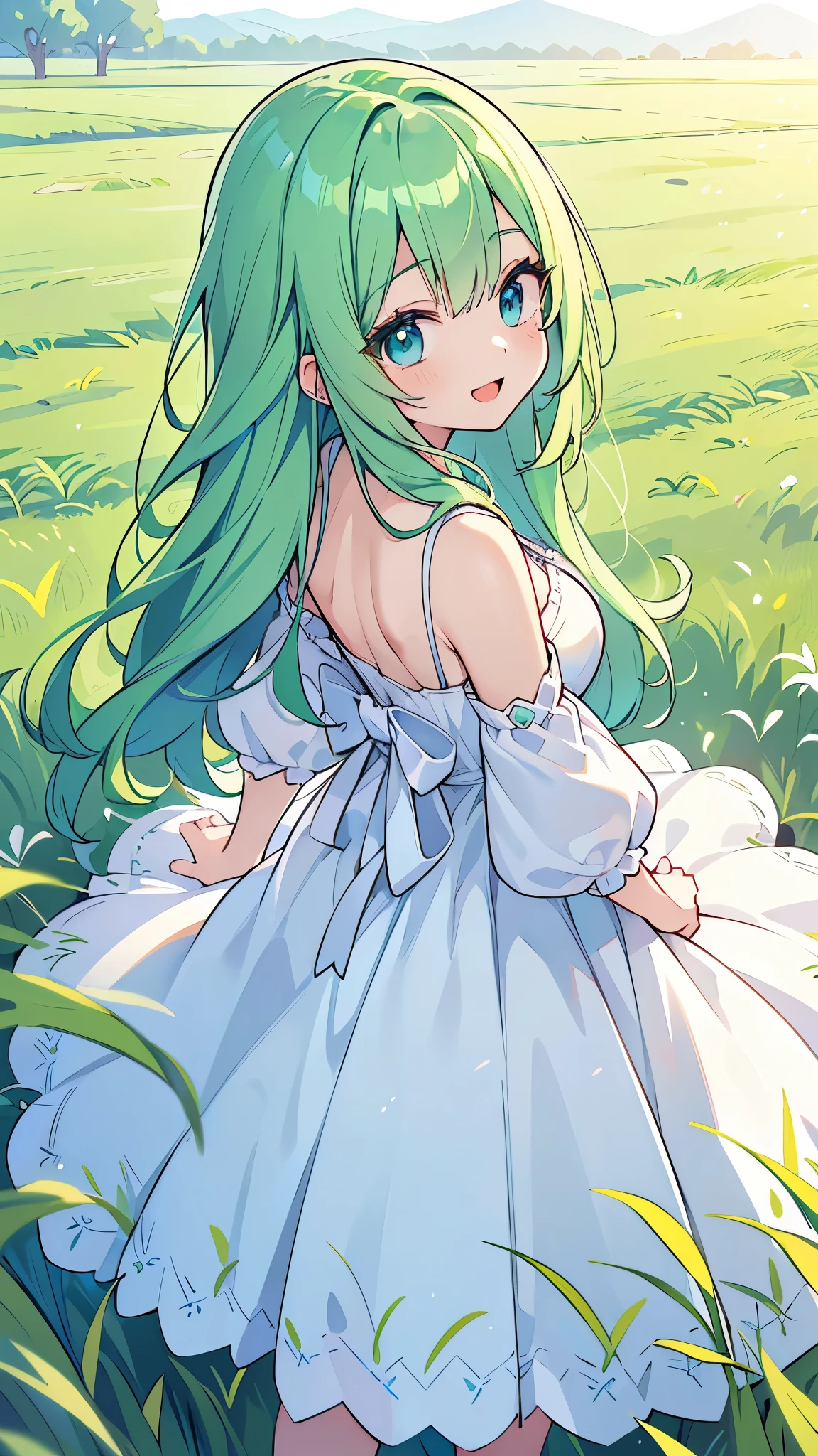 ((A Pretty girl with green hair and blue eyes)), ((wearing white dress)), ((turn back)), Baby face, ((top-quality, master piece, ultra-definition, high resolution)), anime girl, ((ultra-detailed illust:1.2)), only one person, bangs, hair between eye, beautiful hair, Shiny eyes, Big smile, opened mouth, in the silver grass field, at dusk