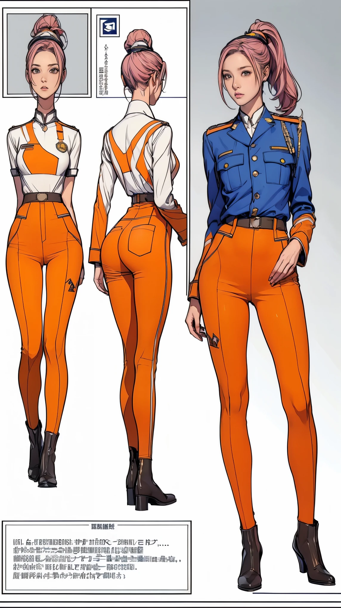 ((masterpiece)),(((highest quality))),((Reference Sheet, Character Design, front, return, ~ ~ side, Mr..々Hairstyle, Mr..々Performance, Facial Expressions)), -yeld gi Cute type, (Very slim:1.4), (Very small ass:1.4), Realistic buttocks, Medium chest, Pink hair, mohawk and ponytail:1.2,Thin thighs, Long legs, It's not a big deal,(A female Earth Federation officer is walking), (Wearing Earth Federation military uniform, White and orange uniform),(Worn by federal government employees'White Hat:1.5)