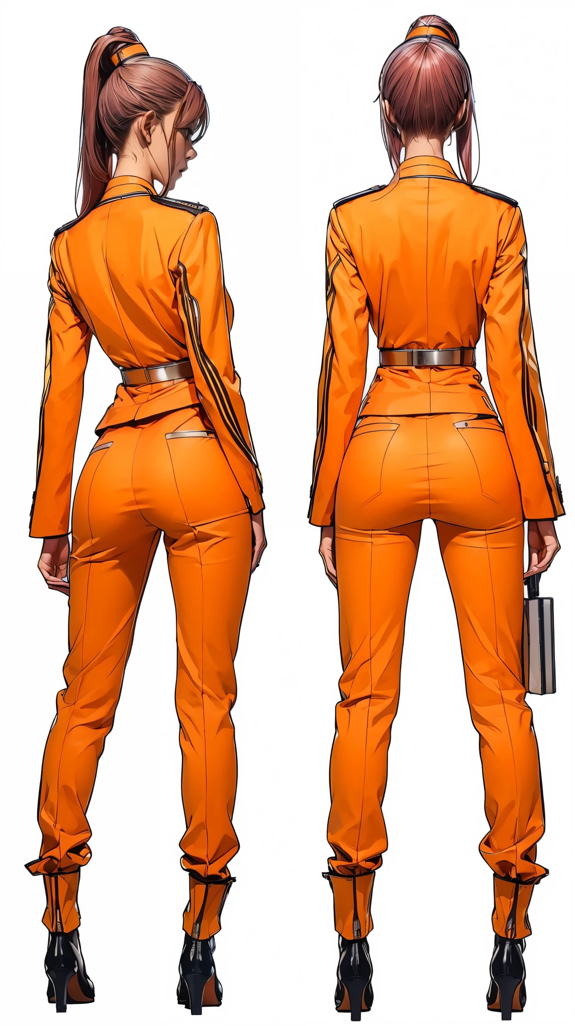 ((masterpiece)),(((highest quality))),((Reference Sheet, Character Design, front, return, ~ ~ side, Mr..々Hairstyle, Mr..々Performance, Facial Expressions)), 14-year-old girl, Cute type, (Very slim:1.4), (Very small ass:1.4), Realistic buttocks, Medium chest, Pink hair, mohawk and ponytail:1.2,Thin thighs, Long legs, It's not a big deal,(A female Earth Federation officer is walking), (Wearing Earth Federation military uniform, White and orange uniform),(Worn by federal government employees'White Hat:1.5)