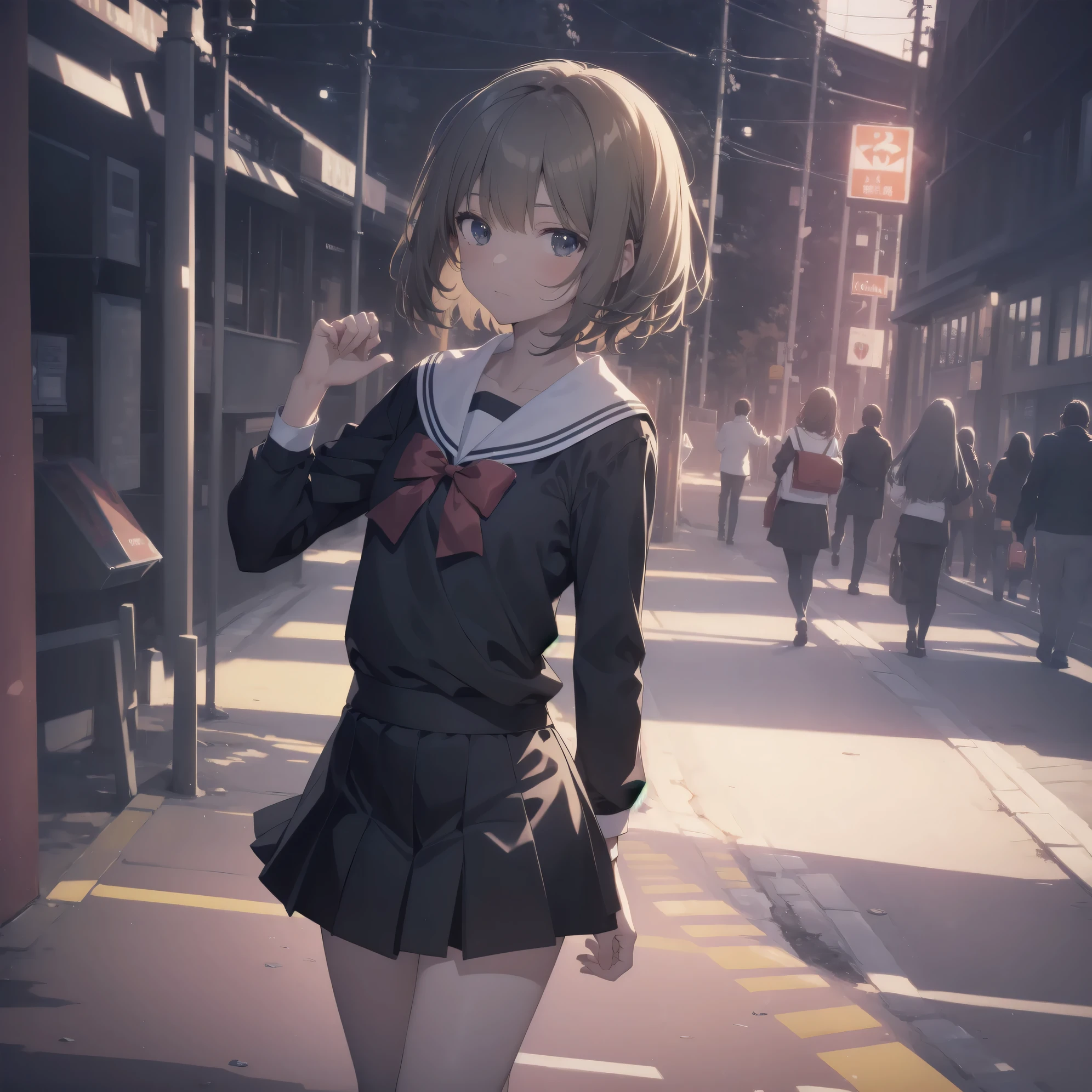 ultra-absurdres-Top quality by artist God, ultra-detailed, high resolution, anime moe artstyle, best anime 8k konachan wallpaper, pixiv contest winner, pool:2810, perfect anatomy,break, 1girl, (Please draw a girl walking sleepily to school alone. )break,(Solo,little female, 13-year-old:1.3),Full limbs, complete fingers,a junior high school student, (very short hair), short cut, flat chest, , small butt, small black eyes, beautiful detailed eyes, well-proportioned iris and pupils, expressive eyes, highres detailed hair, soft expression, salor school_uniform, sailor collar, serahuku, bow, pleated skirt,(Detailed Lighting), (Detailed background), in the School commute route. break,super detailed skin, Best cinematic lighting powered by famous artist, 8k,beauty illustration,photoshop_(medium),very aesthetic,break,((artist:tsuda_nanafushi )), artist:clamp ,artist:carnelian ,artist:kantoku ,