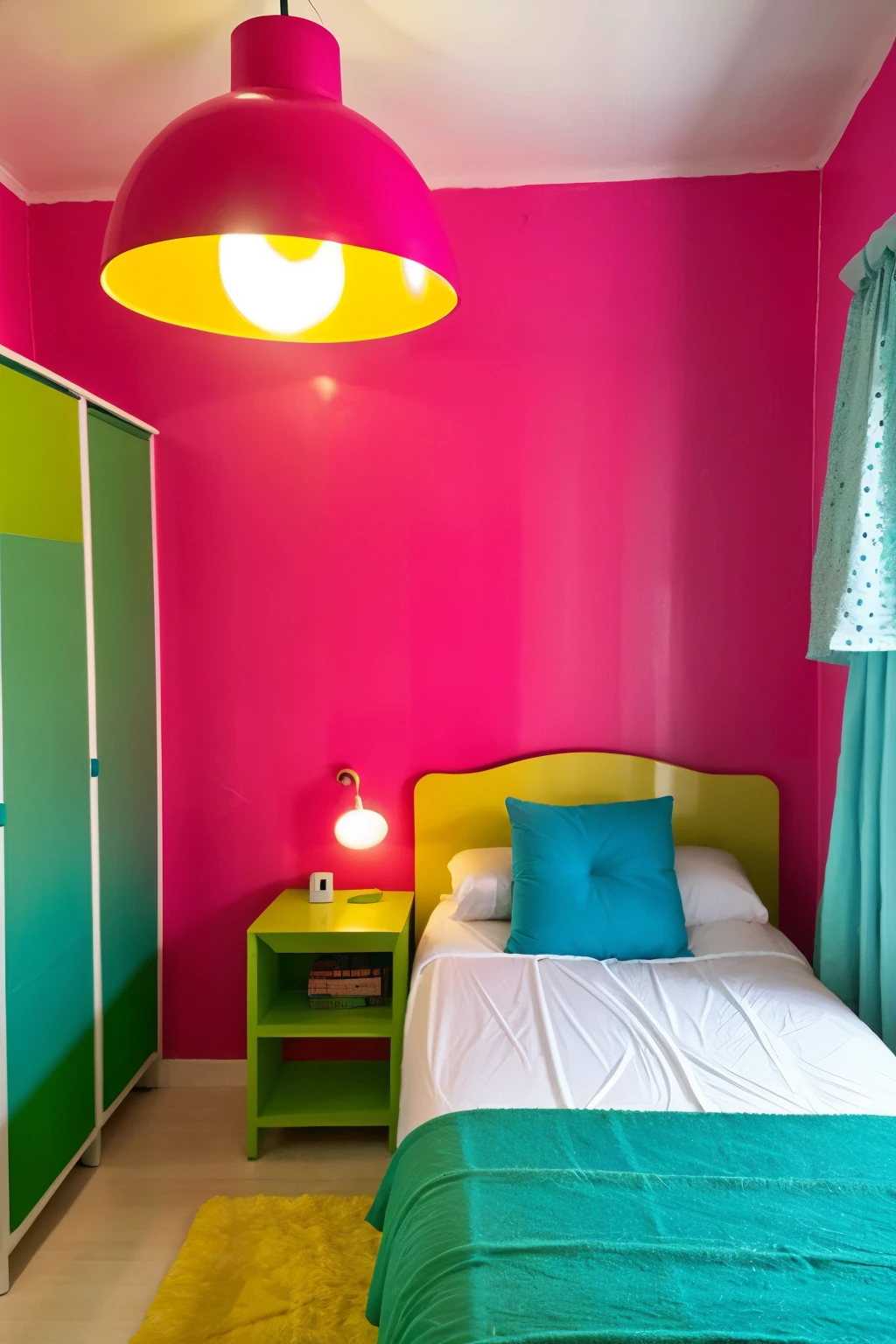 Area de dormitorio juvenil  con un estilo pop art que incluya el estilo en la luminaria, masetero, mobiliario de la habitacion de dormitorio con area de estar.