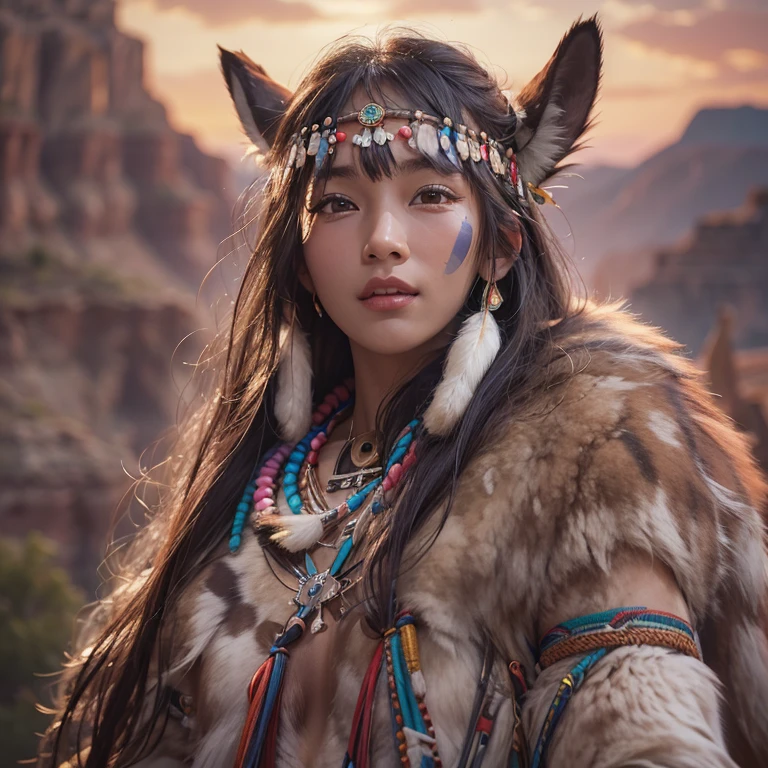 At the Grand Canyon、Hair flow、 ((highest quality、masterpiece、8k、Best image quality、Ultra-high resolution、Award-winning works)、(Accurate anatomy:1.1)、(Look at me and smile:1.1)、Shining fair skin with Ultra-high resolution、The most detailed face、Ultra-high resolution detailed face、Ultra-high resolutionの髪の毛、(Ultra-high resolutionの煌めく瞳:1.1)、Beautiful face drawn in every detail、(Blurred Background:1.1)、Native American Costume, American Indian Clothing, Chest to chest, tattoo、A real giant condor next to you。The wolf is watching