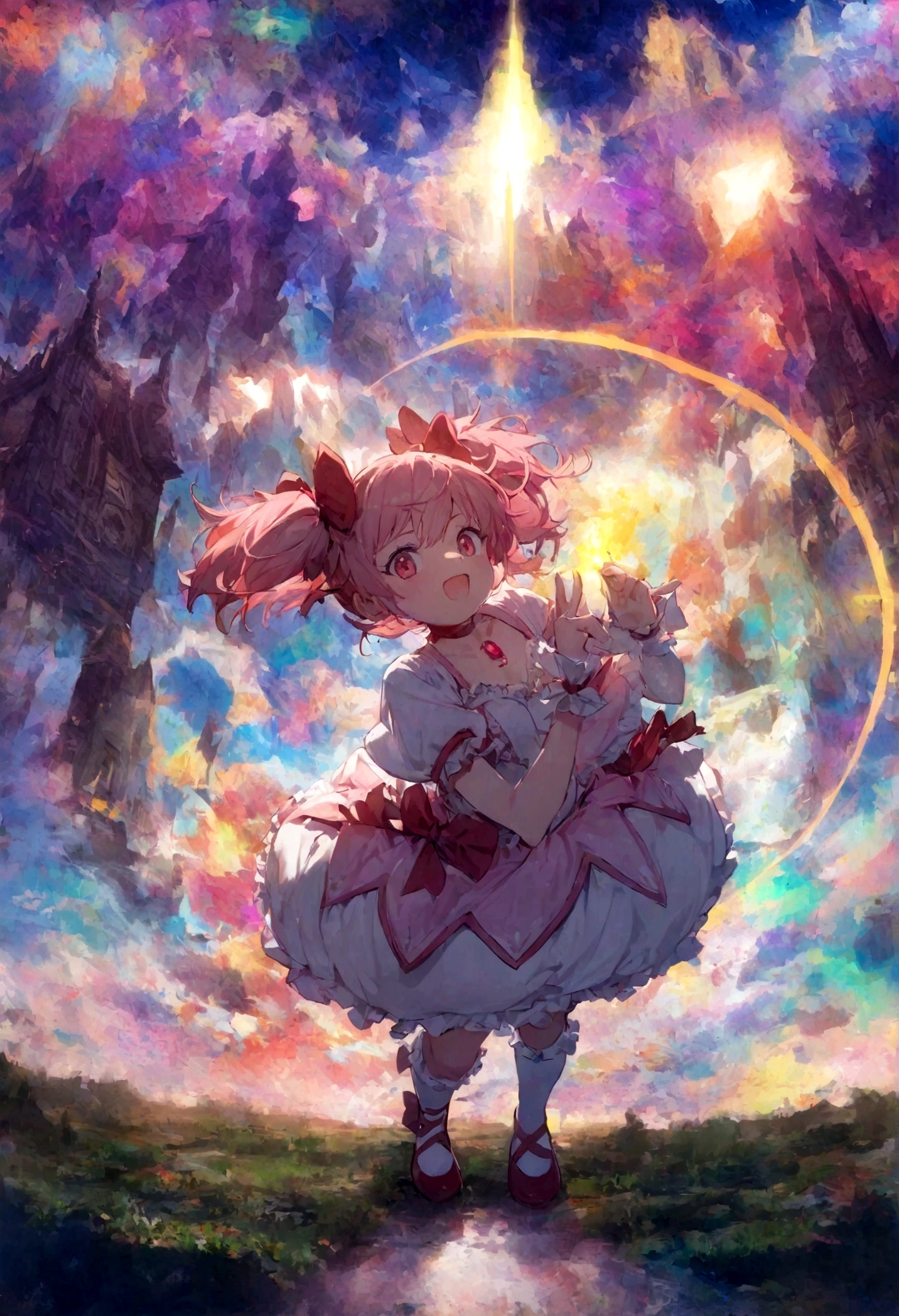 kaname_madoka\(Puella Magi Madoka Magica,magical girl style,pink twin tails hair,pink bows,open shoulder dress with frill,backward ribbon at neck,white grove,red juwel at middle of clavicle\) is standing with confused face in the center lost her way, showing full body to viewer, BREAK ,geometric and chaotic background with messy chaotic gothic shadow puppet castles,(in a very psychedelic nightmare), BREAK ,quality\(8k,wallpaper of extremely detailed CG unit, ​masterpiece,hight resolution,top-quality,top-quality real texture skin,hyper realisitic,increase the resolution,RAW photos,best qualtiy,highly detailed,the wallpaper,cinematic lighting,ray trace,golden ratio\),(long shot),wide shot,landscape,blured background,(art by Maurits Escher:1.3)