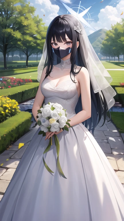 masterpiece, best quality, highres, aasaori, halo, long hair, black hair, mouth mask, black mask, garden, confetti, standing, holding bouquet, wedding dress,