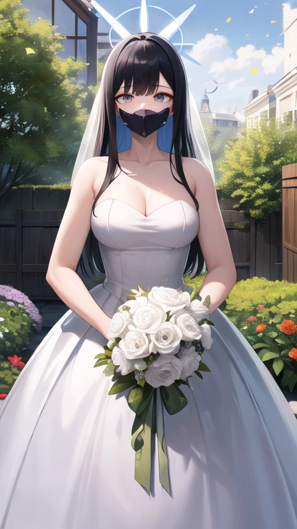 masterpiece, best quality, highres, aasaori, halo, long hair, black hair, mouth mask, black mask, garden, confetti, standing, holding bouquet, wedding dress,