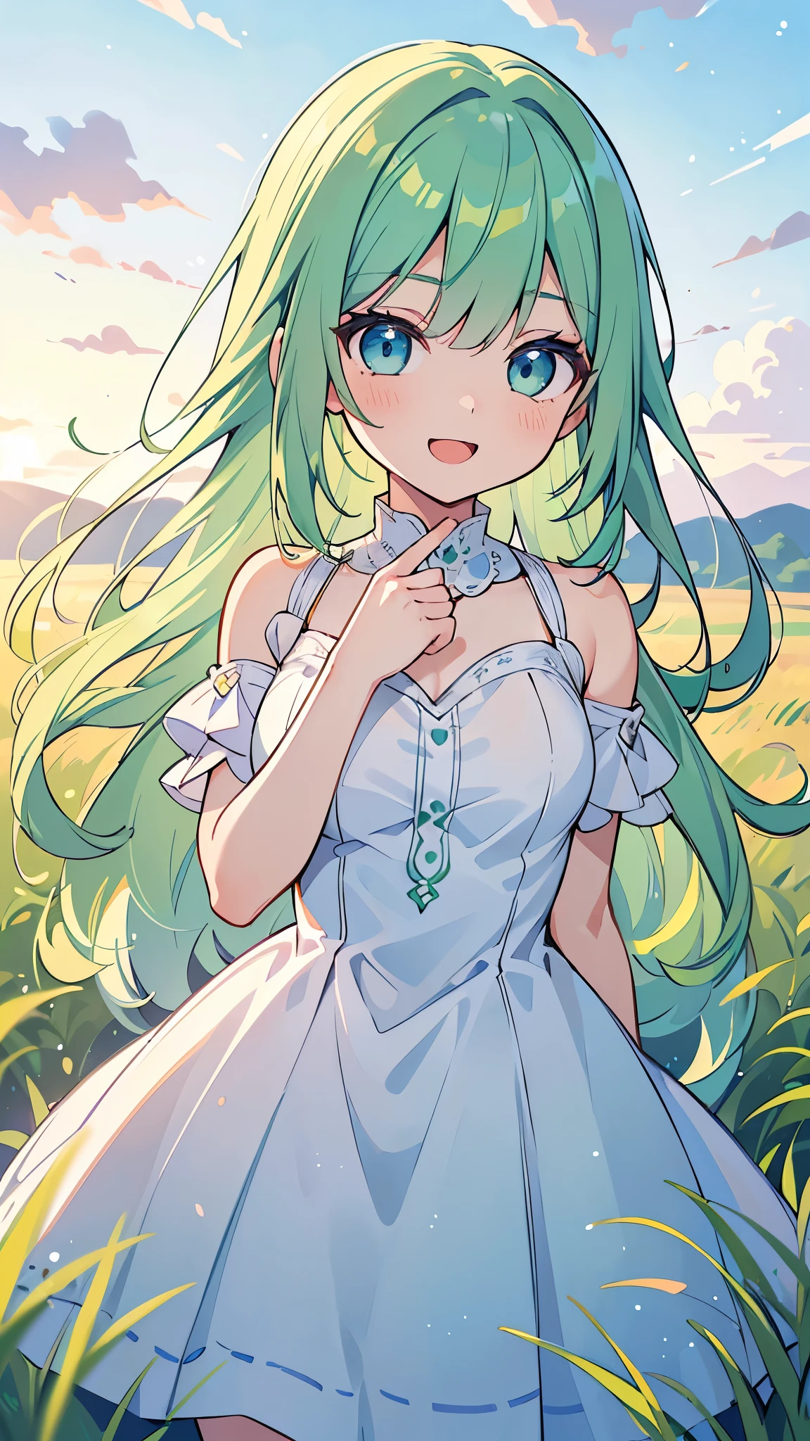 ((A Pretty girl with green hair and blue eyes)), ((wearing white dress)), ((turn back)), Baby face, ((top-quality, master piece, ultra-definition, high resolution)), anime girl, ((ultra-detailed illust:1.2)), only one person, bangs, hair between eye, beautiful hair, Shiny eyes, Big smile, opened mouth, in the field of silver grass, at dusk