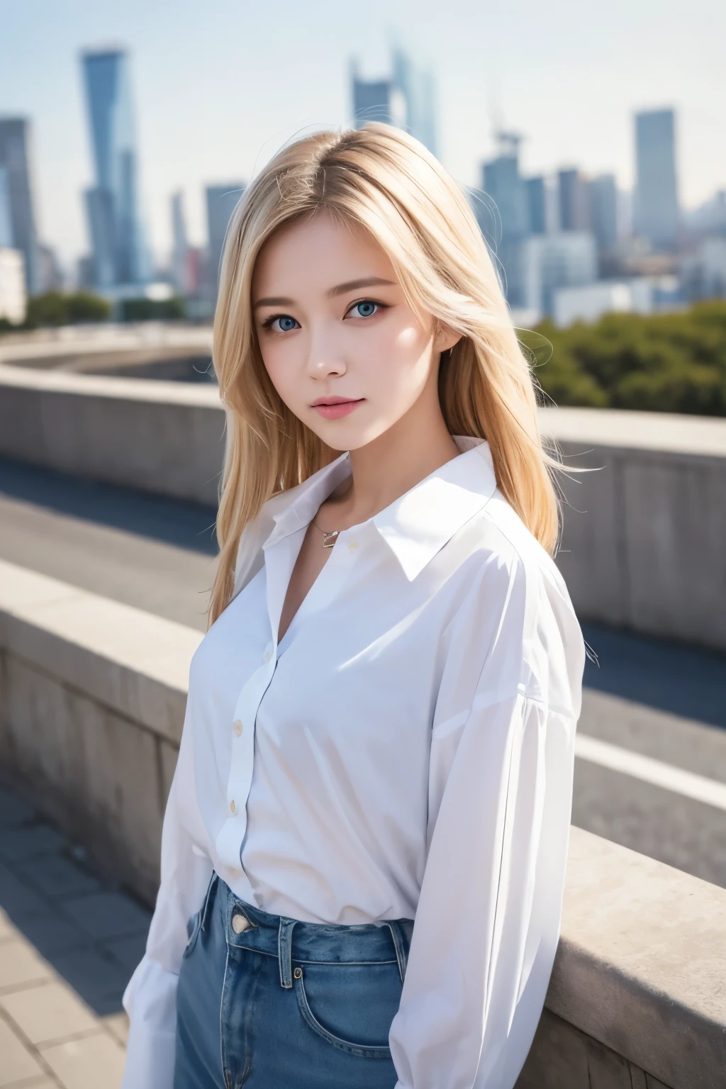 With the cityscape spreading out vaguely in the background、A young woman looks at the camera with a serious expression。Her hair is light blonde、It is shoulder length。Her eyes are big、Her clear blue eyes are impressive。The skin is white and smooth、Has a healthy glow。
She is wearing a white shirt、The collar of the shirt is standing up properly。The simple design of the shirt emphasizes her pure and innocent appearance.。The cityscape in the background is blurred.、Her features stand out more。
as a whole、Her appearance is beautiful and clean、It creates a peaceful atmosphere。To the viewer、It's a scene that gives off a calm impression, but at the same time exudes a subtle sense of tension.。