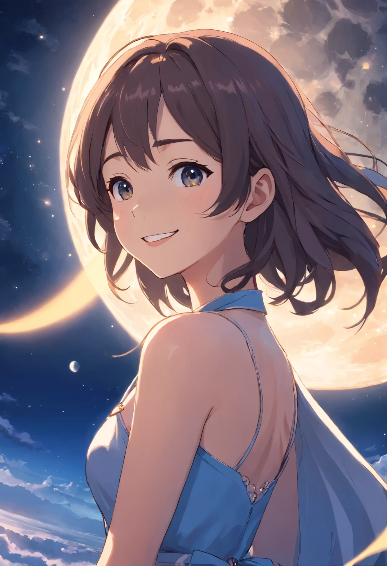 a beautiful girl,gorgeous dress,sitting,on the moon,detailed background of the moon,Moon Goddess,Beautiful Celestial Mage,Goodness of Heaven, Celestial Fairy,very Beautiful fantasy art,8k high quality detailed art,medium straight bob hair,crystal necklace,slim,thin,flat chest,small breasts,best quality,masterpiece,starry sky,night scene,(close-up of face:1.3),laughing,realistic
