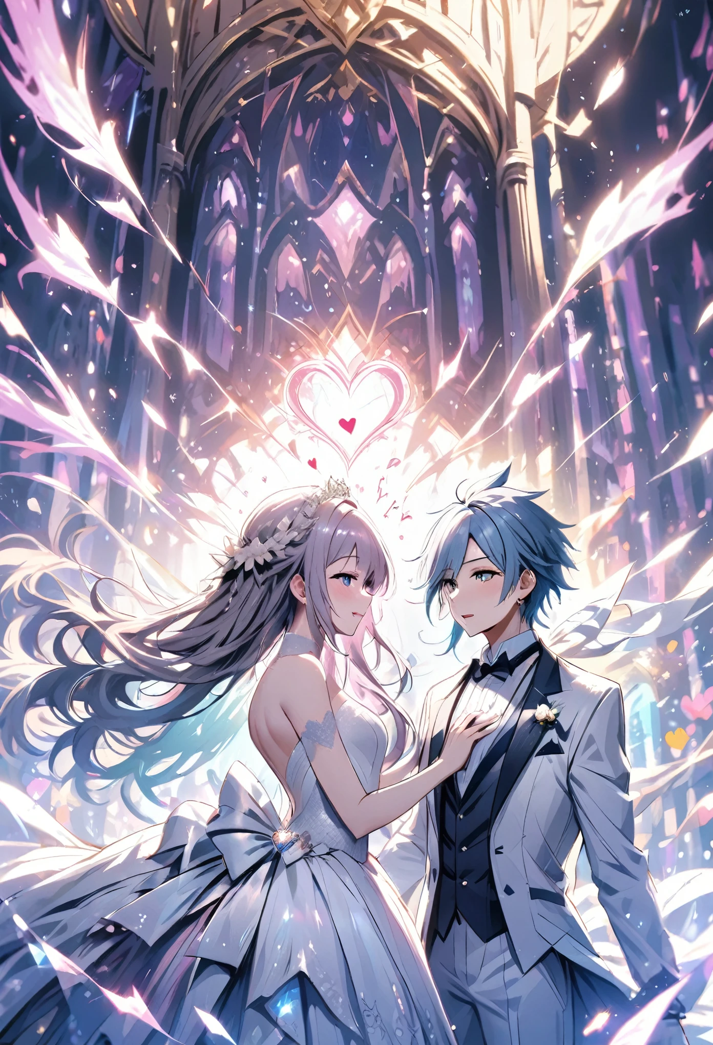 Couple, wedding style, Wedding dress, White Tuxedo, love confession, heart, pink, magic