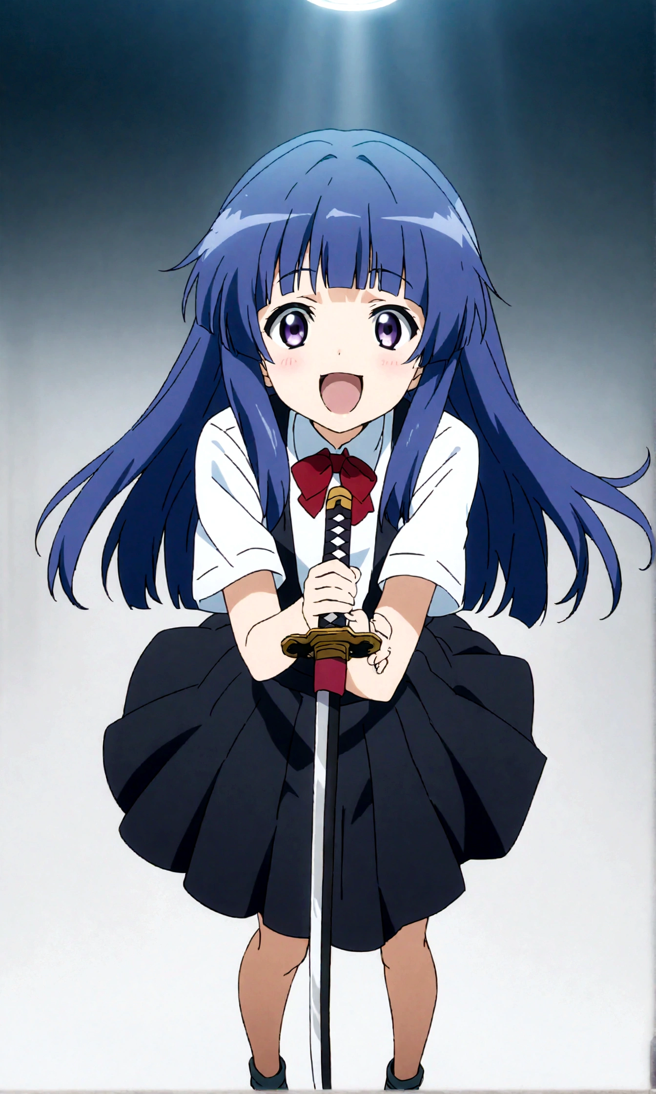 score_9,score_8, score_8_up, BREAK facing viewer,1girl, solo, furude rika, (tween), kawaii, blue hair, purple eyes, long hair, blunt bangs, bangs,, bow, skirt, shirt, suspenders, smile, short sleeves, pleated skirt, white shirt, open mouth, :d, red bow, ,^_^, suspender skirt, , black skirt, collared shirt, blush, bowtie, blunt bangs, dress shirt,masterpiece, best quality, source_anime,ceiling, ceiling light, great lighting, detailed shadows, detailed body, anime artwork,anime style, key visual, vibrant, studio anime, highly detailed, anime coloring,,fullbody,,weapon, katana, holding sword, ready to draw, sheathed, unsheathing, scabbard,,simple background, white background.