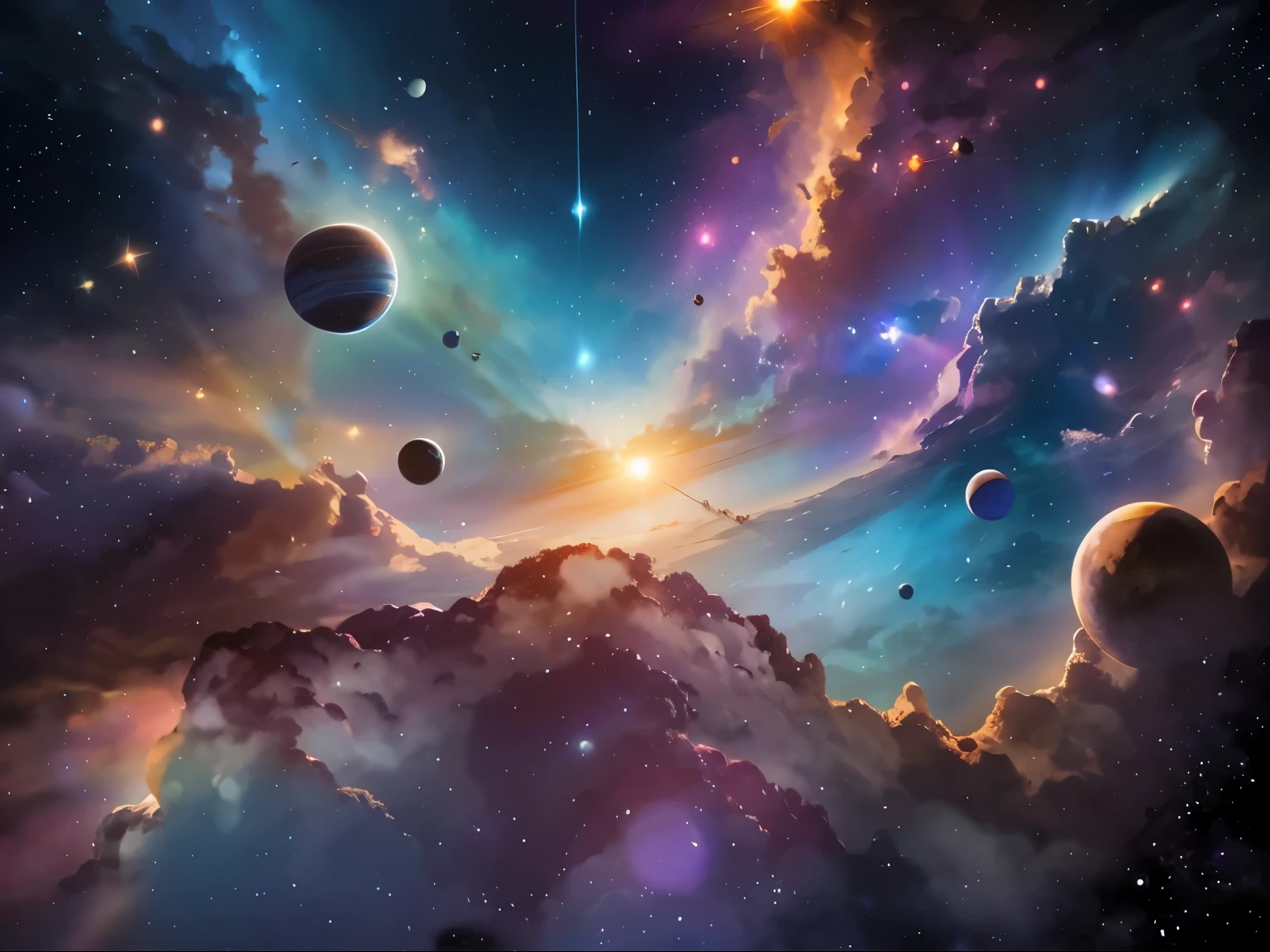 The sky is shining brightly,Colorful clouds,Blue-purple predominance,You can see distant planets,The mountain is like a giant's head,On dry land,Huge eyes staring
